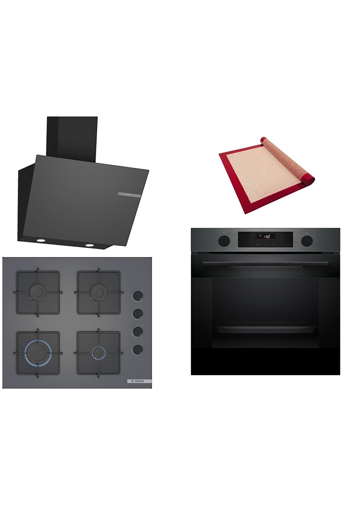 Gri 3 lü Ankastre Set (HUA736EG0T-POP6C9P30O-DWK66PJ70T) Buhar Destekli - Pişirme Matı ile