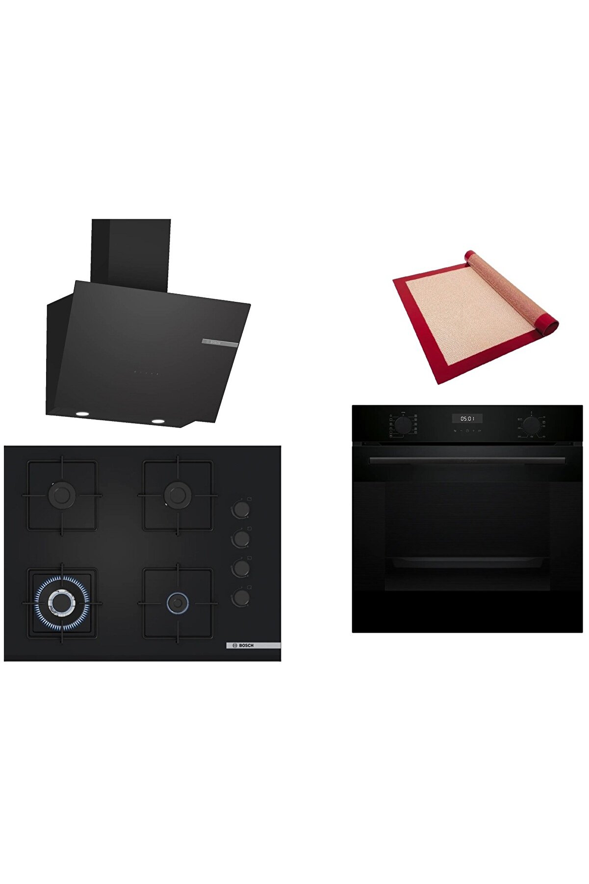 Siyah 3 lü Ankastre Set (HUA717BA0T-POH7C6P30O-DWK66PJ60T) Buhar Destekli - Pişirme Matı ile