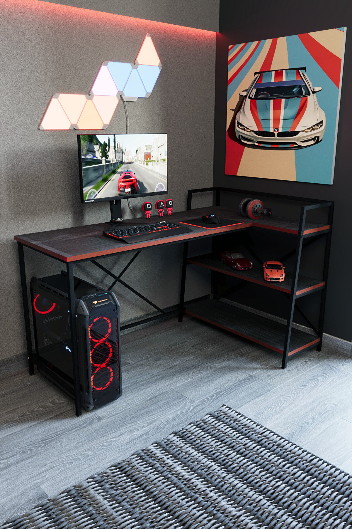 Flinder Siyah Raflı Çift Yöne Uygun Oyuncu Masası | Gaming Masa | L Masa