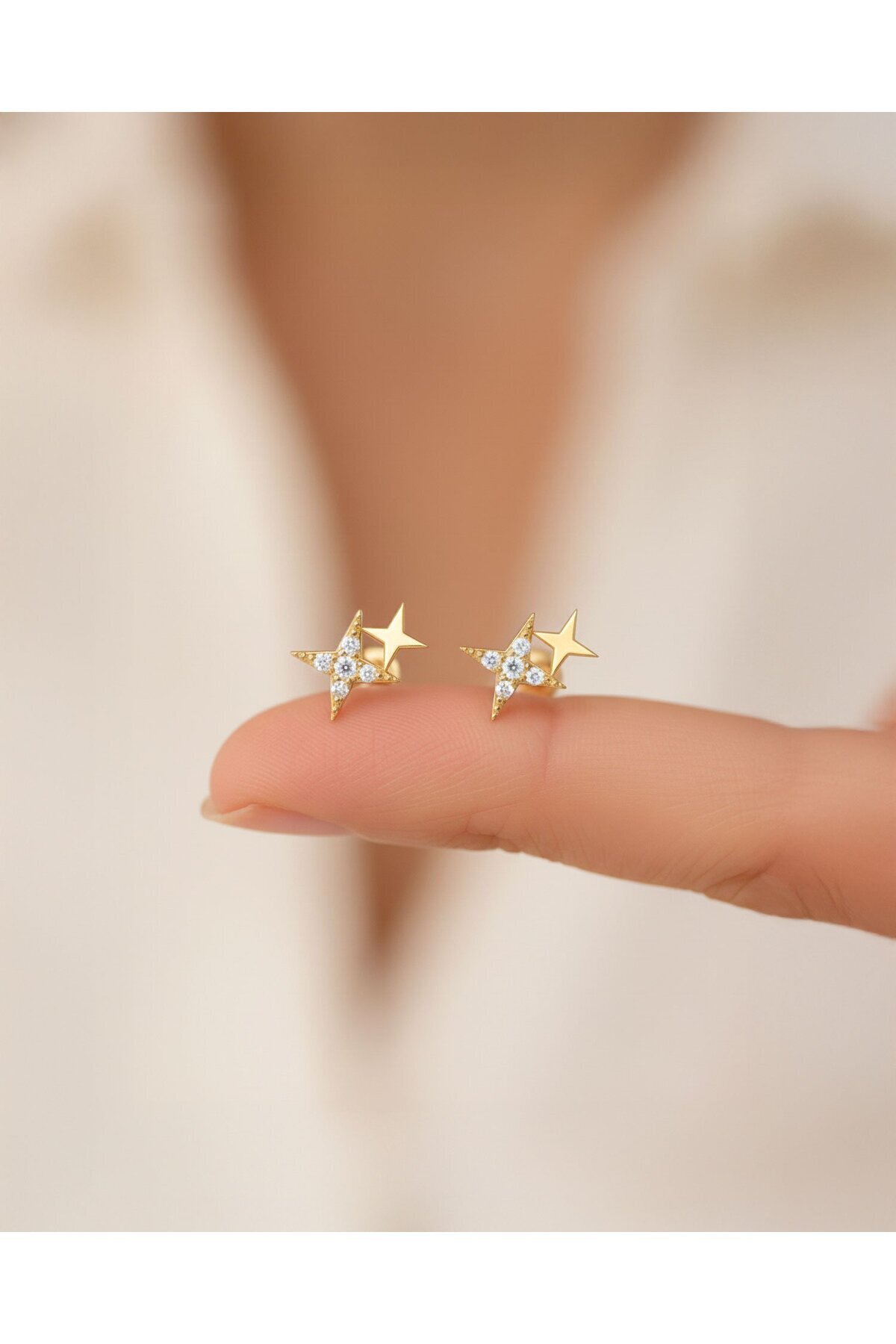 Indigo Takı Minik İkili Yıldız 14 Ayar Altın Küpe