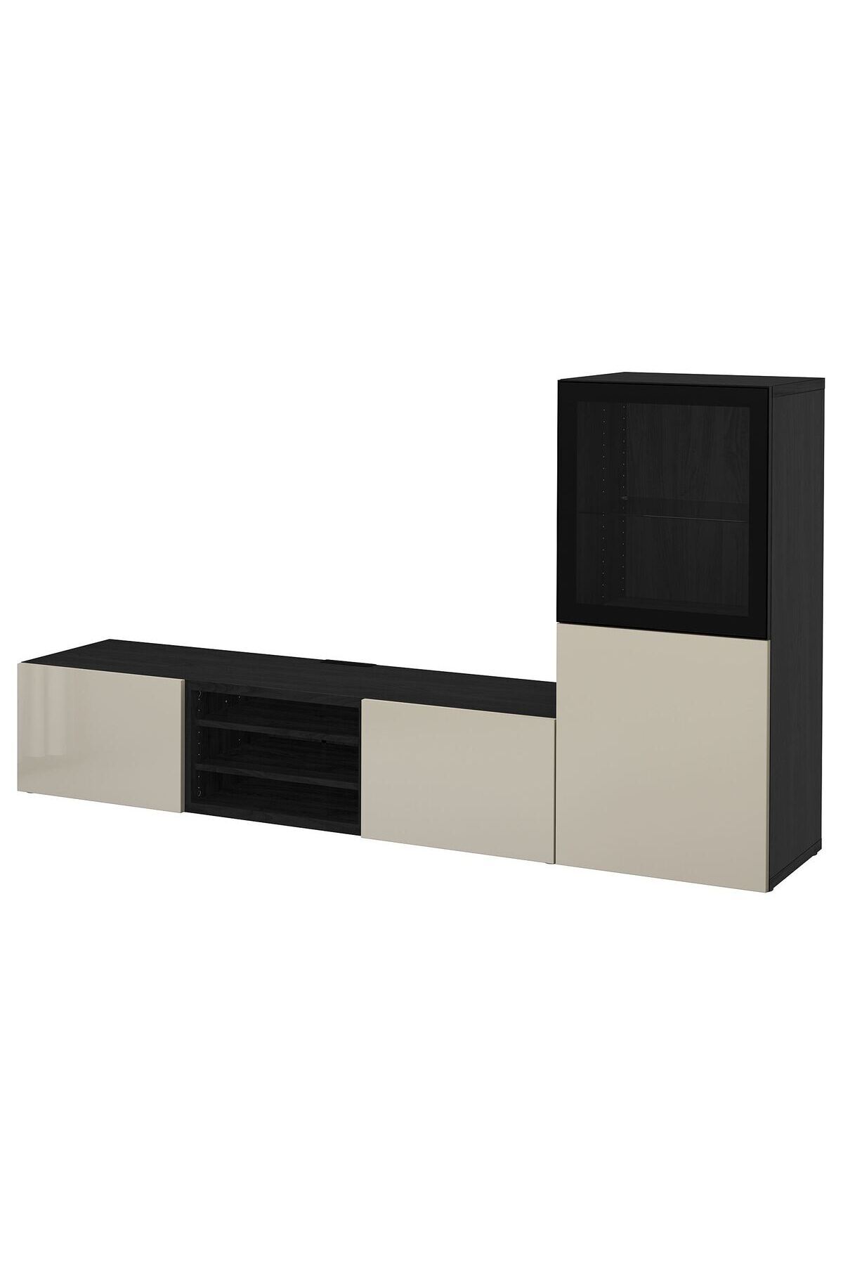 Tv ünitesi, venge-parlak cila-bej-şeffaf cam, 240x42x129 cm, SELSVIKEN/GLASSVIK, çıt çıt raylı