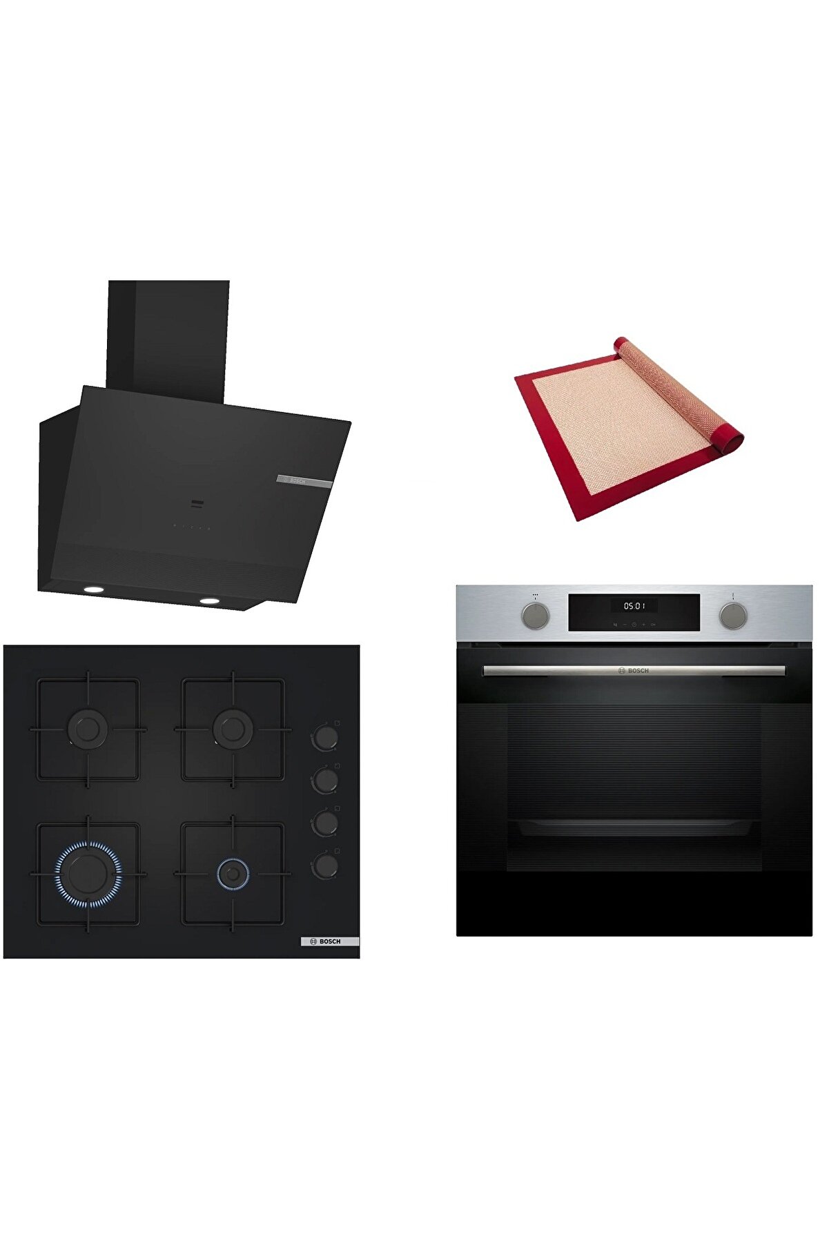 Siyah 3 lü Ankastre Set (HUA717BR0T-POP6C6P30O-DWK67PJ60T) Buhar Destekli - Pişirme Matı ile
