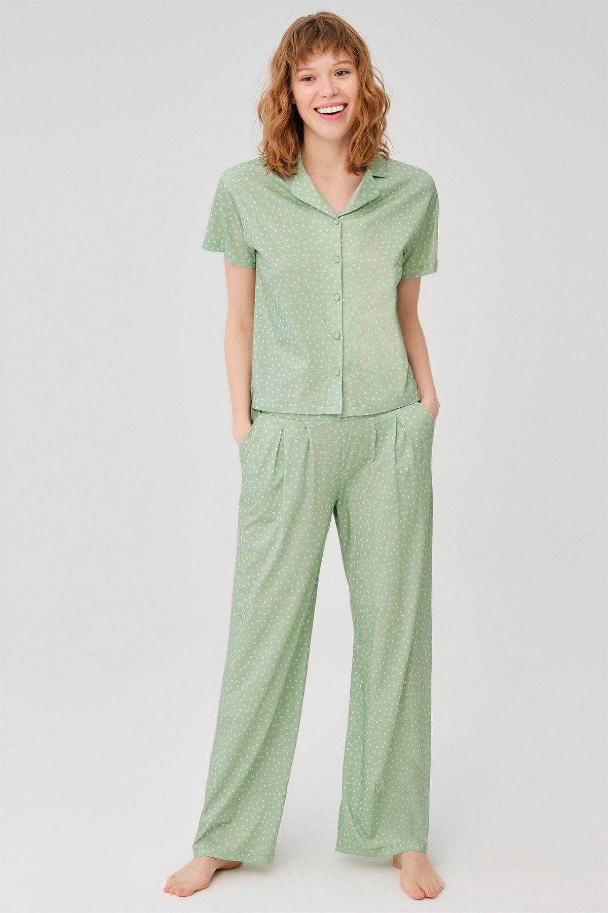 Dagi Yeşil Pamuklu Puantiye Gömlek Pijama Takımı