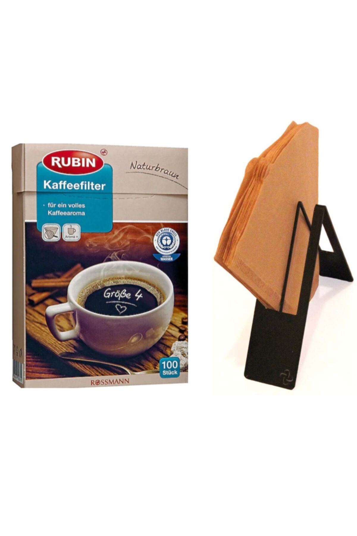 Rubin Kahve Filtresi No:4 Doğal Kahverengi Renkli 100 Adet Filtre Ve Filtre Kahve Kağıdı Tutucu Stand