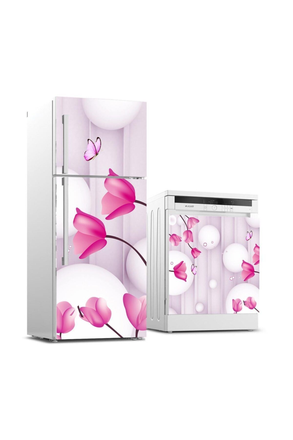 StickerArt Buzdolabı Ve Bulaşık Makinası Beyaz Eşya Sticker Kaplama 3d Çiçek Kelebek