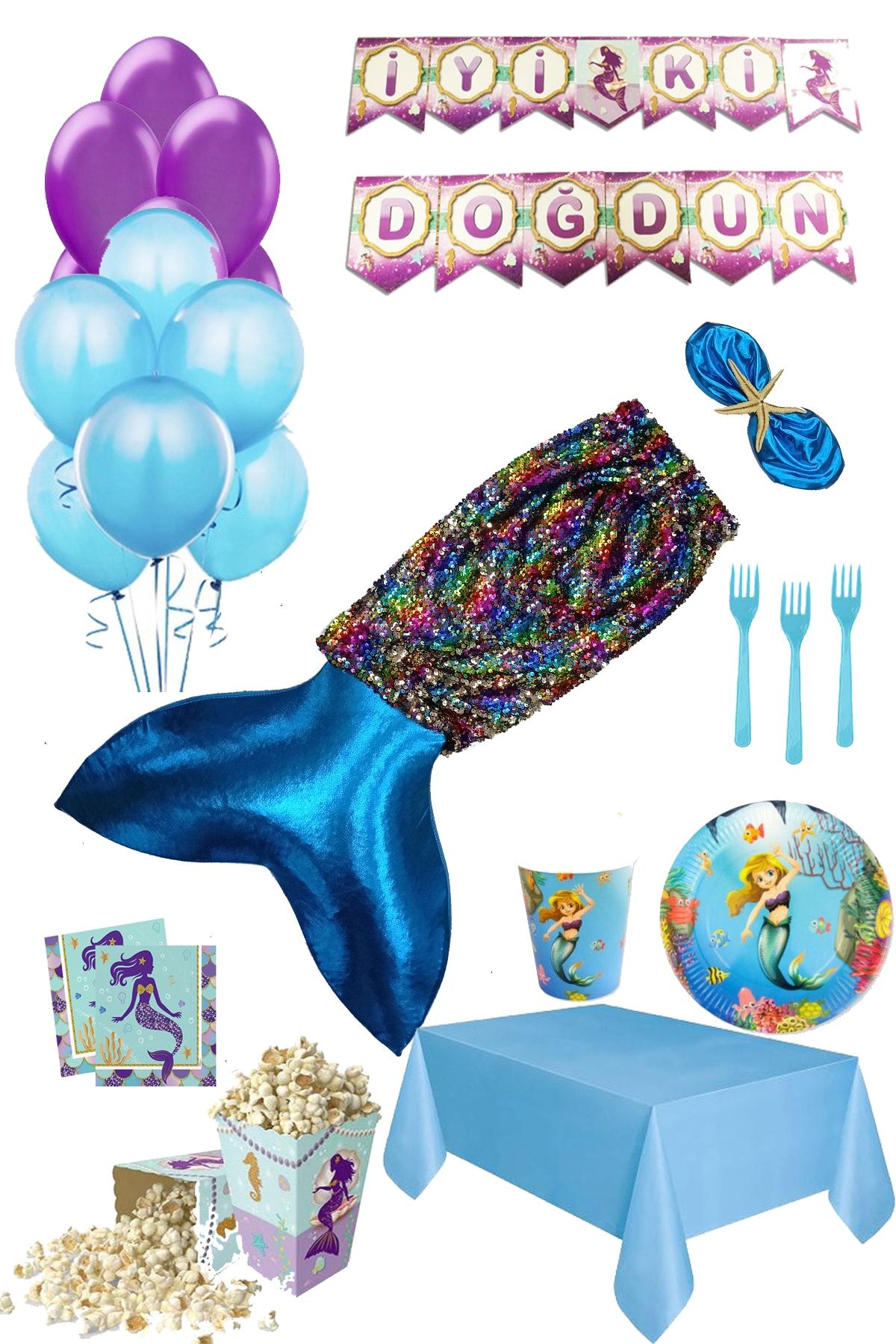 Parti Kırtasiye Kız Çocuk Deniz Kızı Kostüm Ve Parti Setli 8 Kişilik Doğum Günü Seti Prenses Mavi Elbisesi