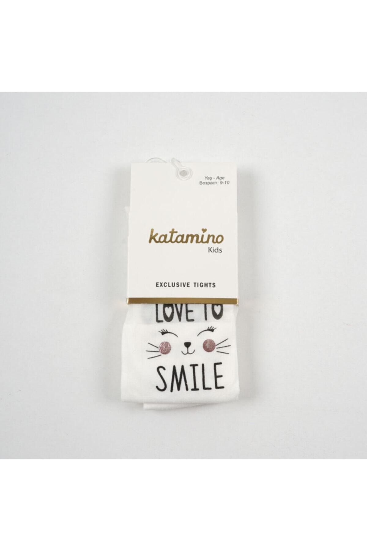 Katamino Smile Baskılı Ekru Renk Ince Külotlu Çorap