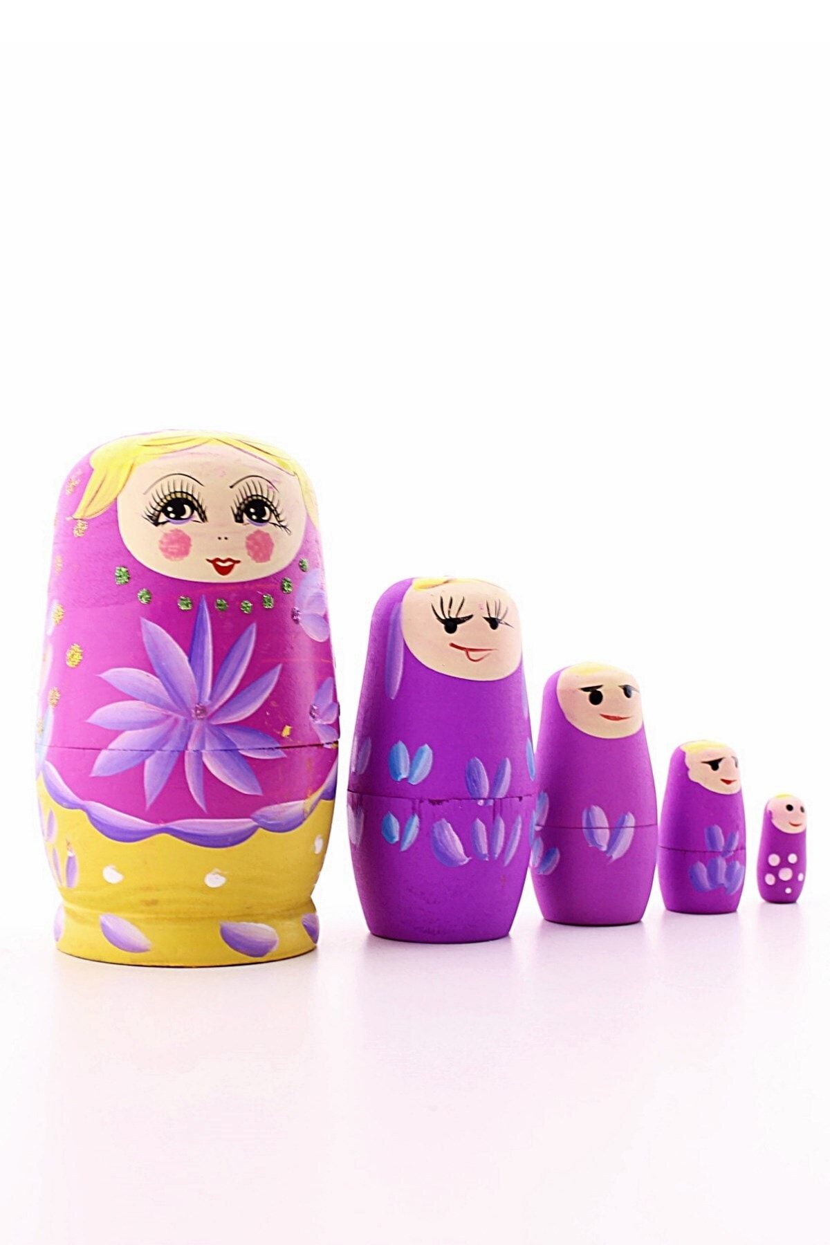 Deco Elit Ahşap Tombul Iç Içe Matruşka Bebek Pembe Set 5li Büyük Boy