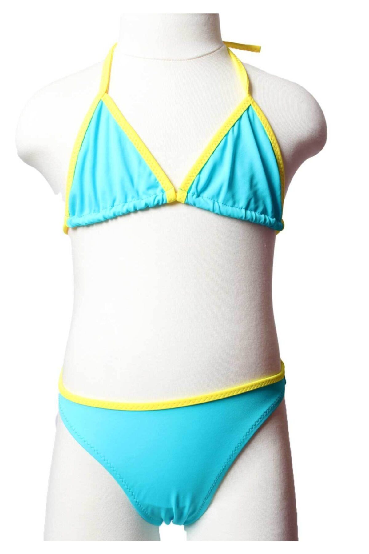 Sude Kız Çocuk Turkuaz Üçgen Model Boyundan Bağlamalı Alt Üst Düz Bikini Takım 188