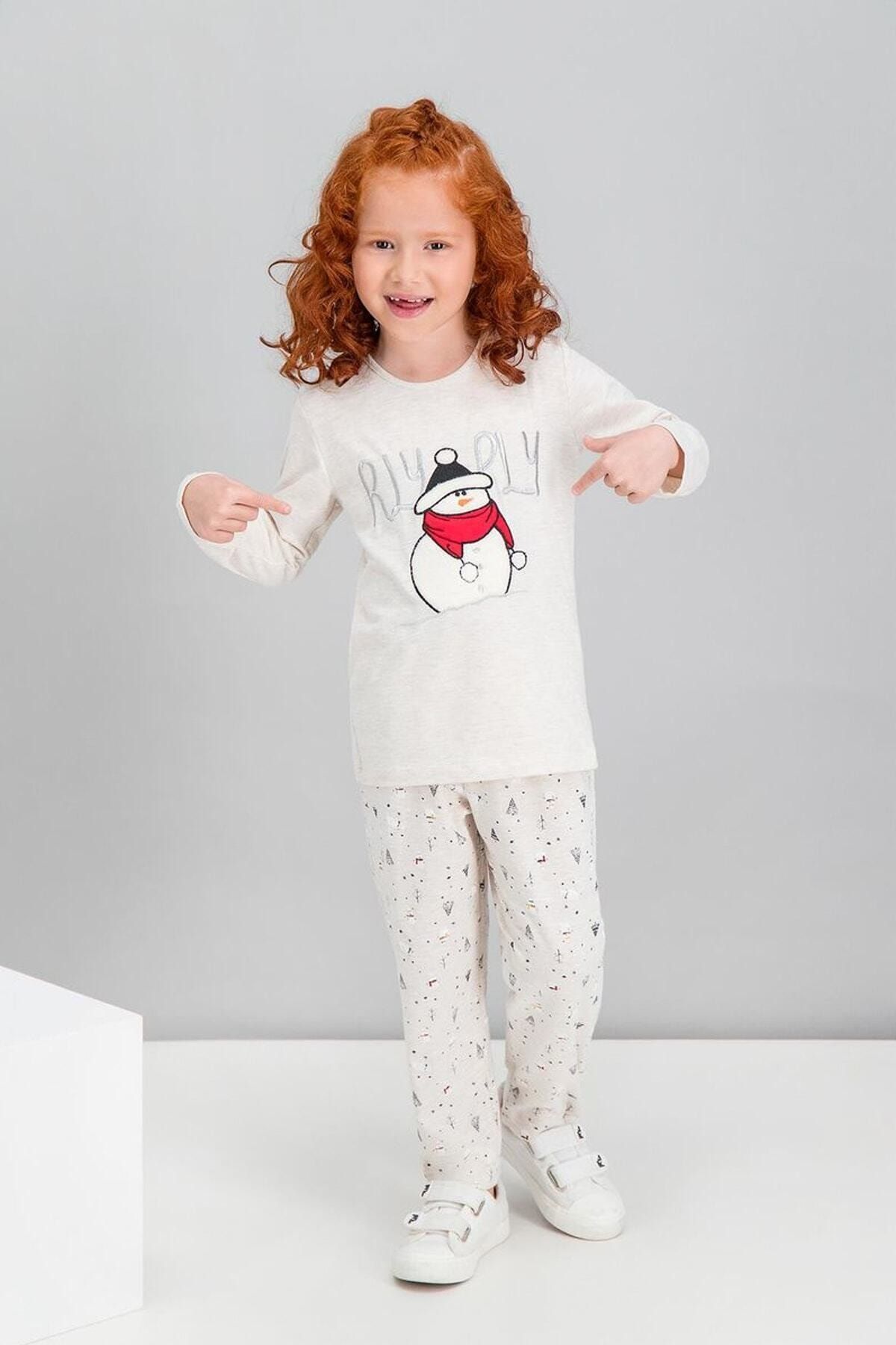 Rolypoly Kız Çocuk Krem Melanj Winter Snowmanj  Pijama Takımı