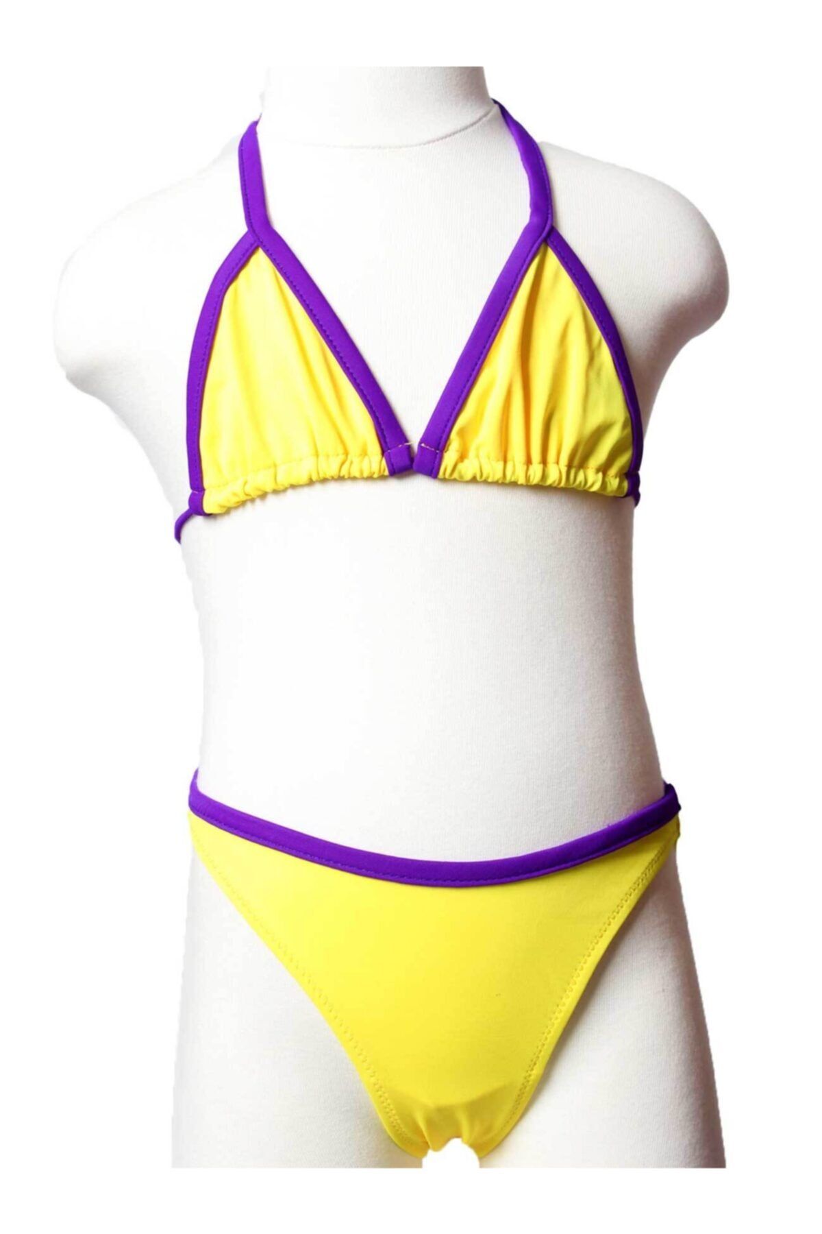 Sude Ayl Kız Çocuk Sarı Boyudan Bağlamalı Üçgen Model Alt Üst Düz Bikini Takım 245