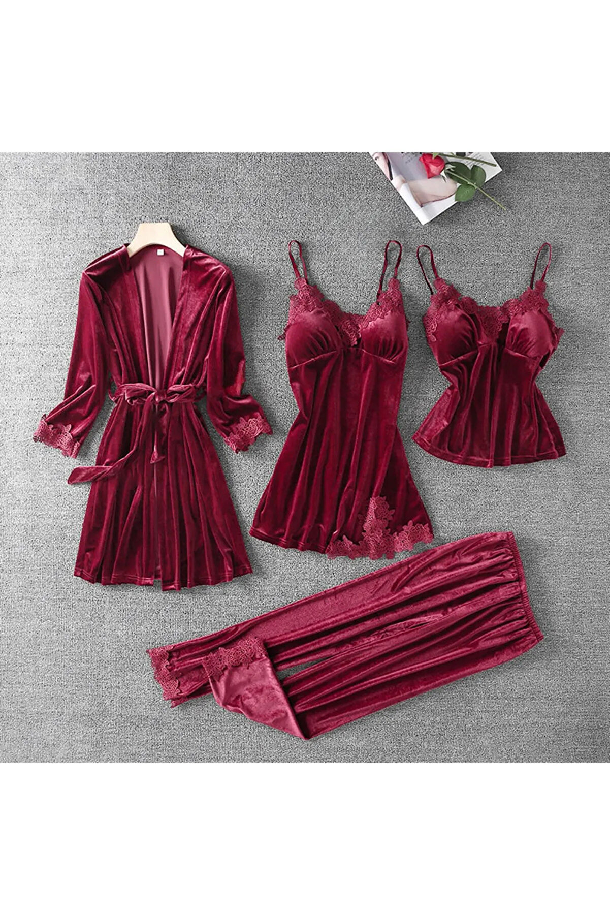 Moda4b Kadife Dantelli Dörtlü Gecelik Takımı Bordo
