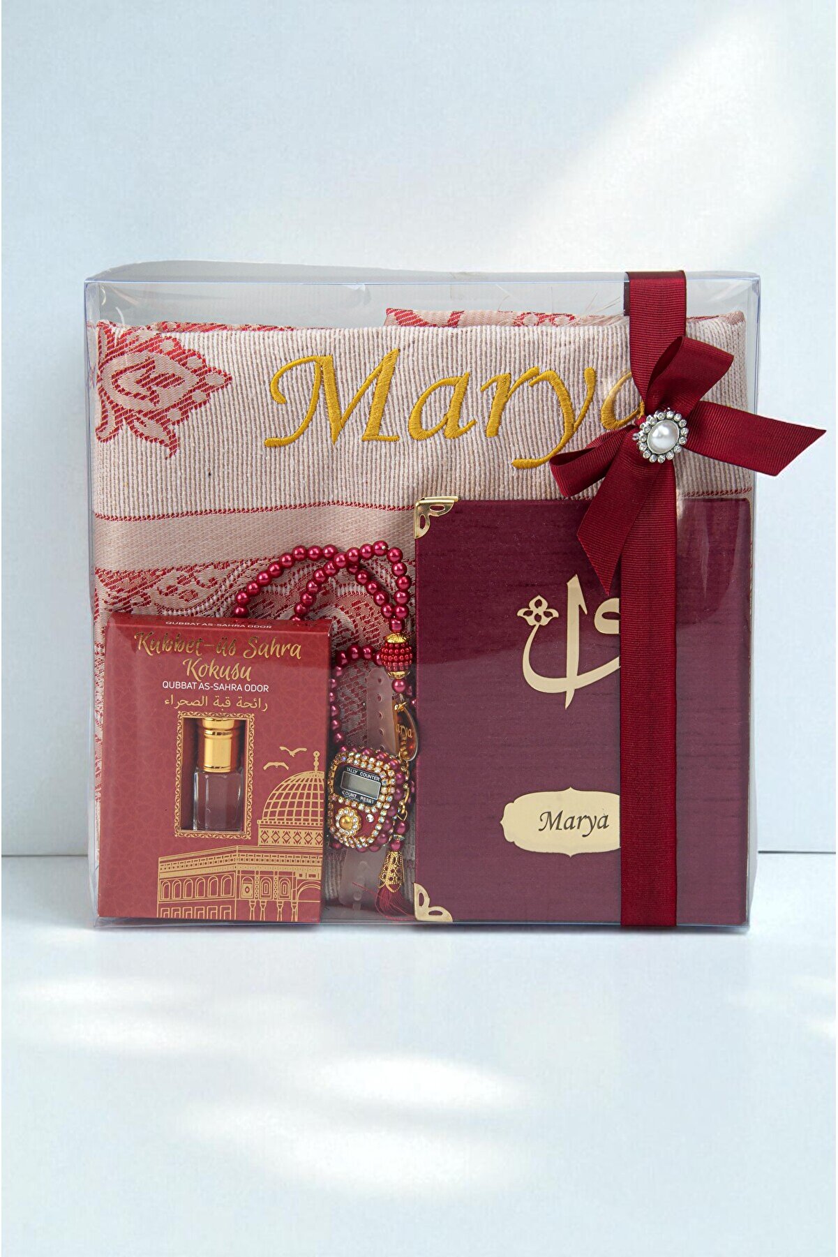 İsminizle Özel Seccade Seti - Yasin Kitabı, Tesbih, Zikirmatik ve Esans İçin Harika Hediye