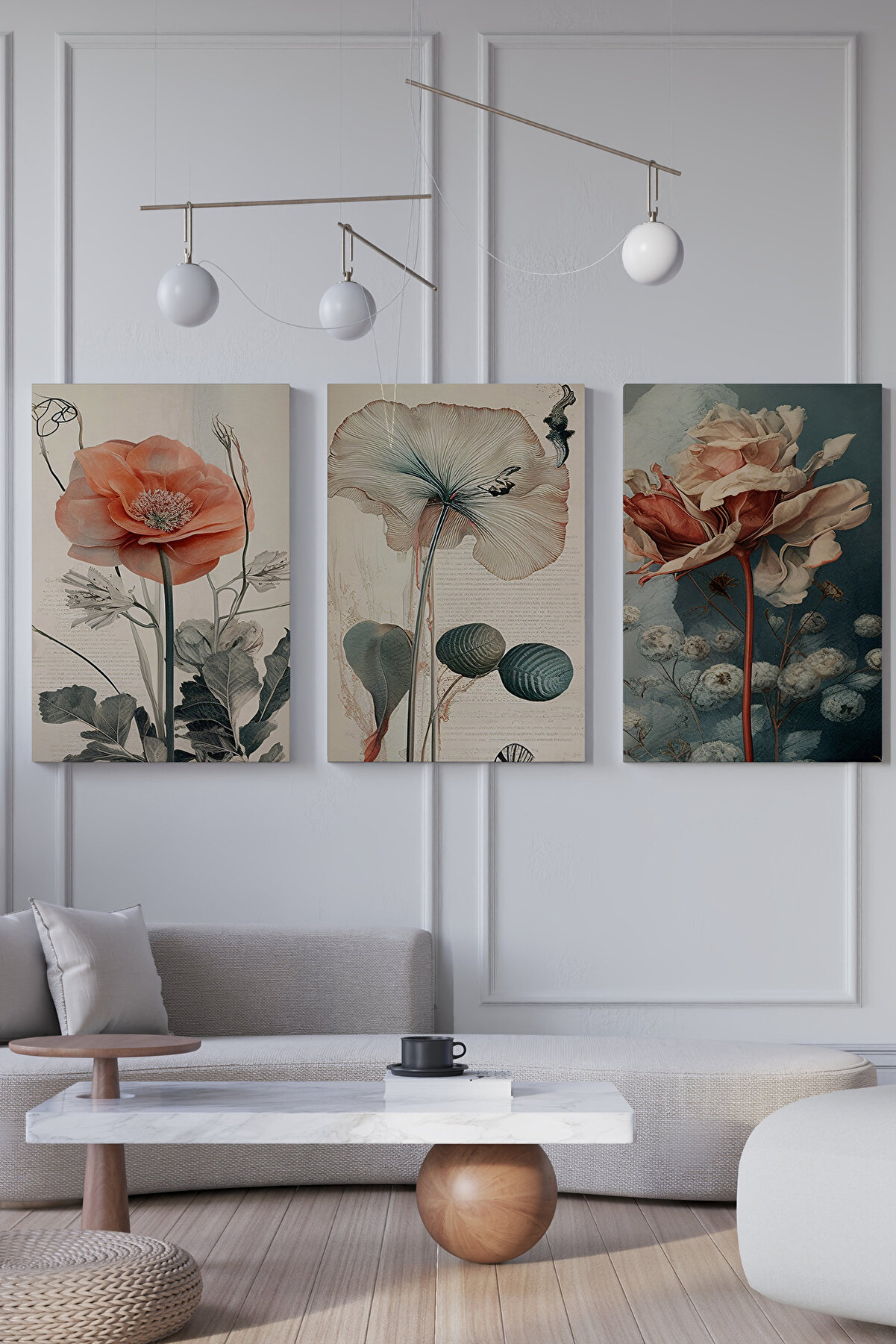 KOLDEMİR 3 Parça Bohem Tablo - Ev Dekorasyon Salon Tablosu Kanvas Tablo - Doğal Tahtadan