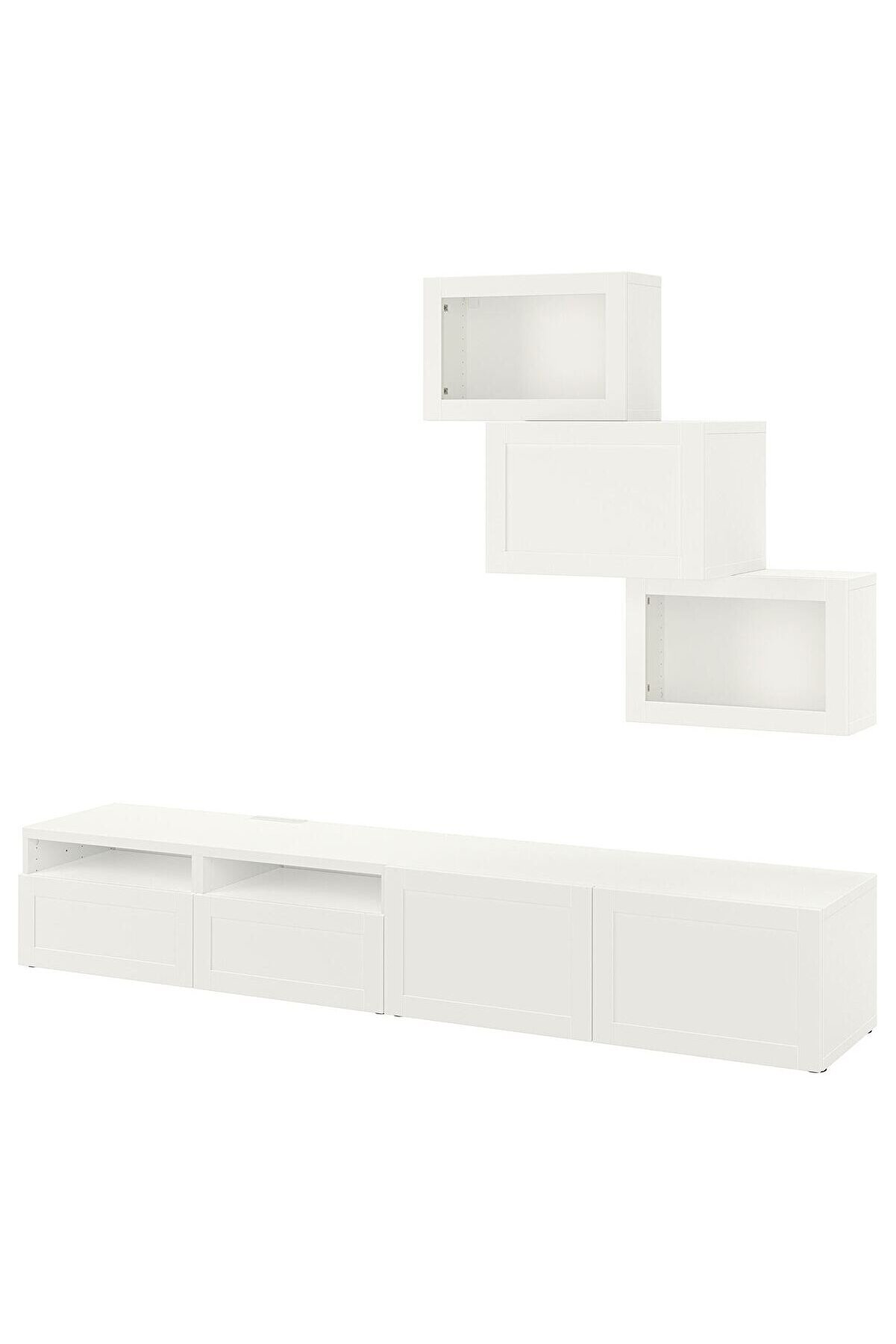 Tv ünitesi, beyaz-şeffaf cam, 240x42x190 cm, HANVIKEN/SINDVIK, fren raylı