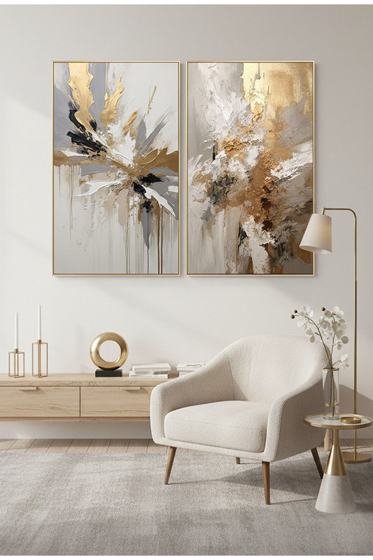 Linacci 2li Gold Metal Çerçeve Gümüş Gri Camlı Tablo Seti - Elegant ve Modern Dekorasyon