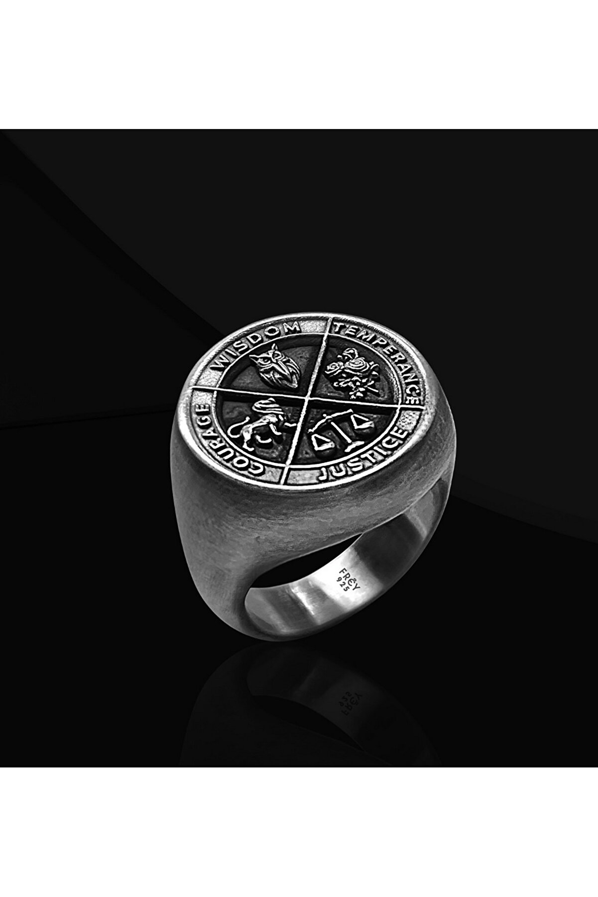 Frey Jewellery 925 Ayar Gümüş Dört Erdem Erkek Yüzük – Koleksiyonluk Özel Tasarım