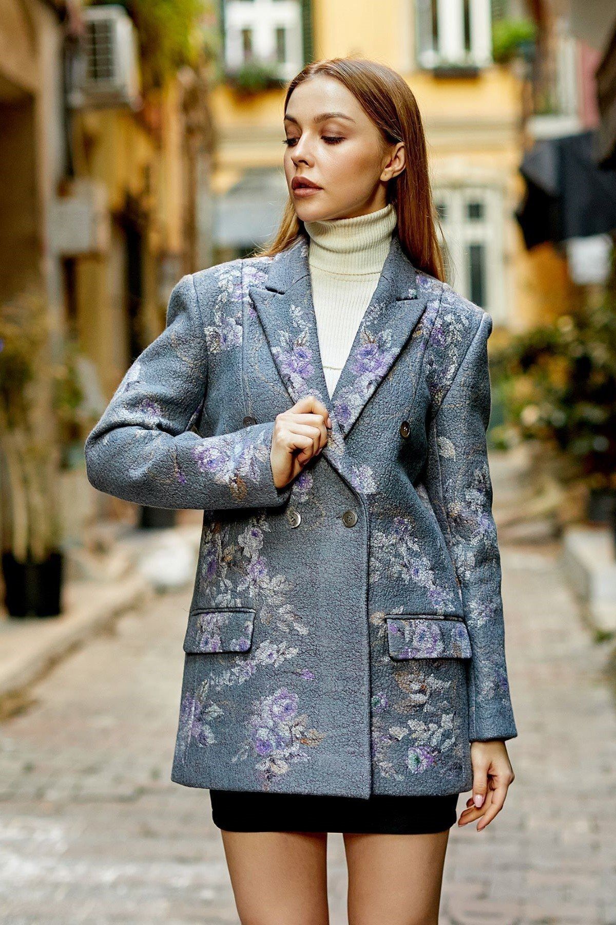 Nomads Felt Ipek-yün Haute Couture Ceket | Gri-lila Çiçek Desen |