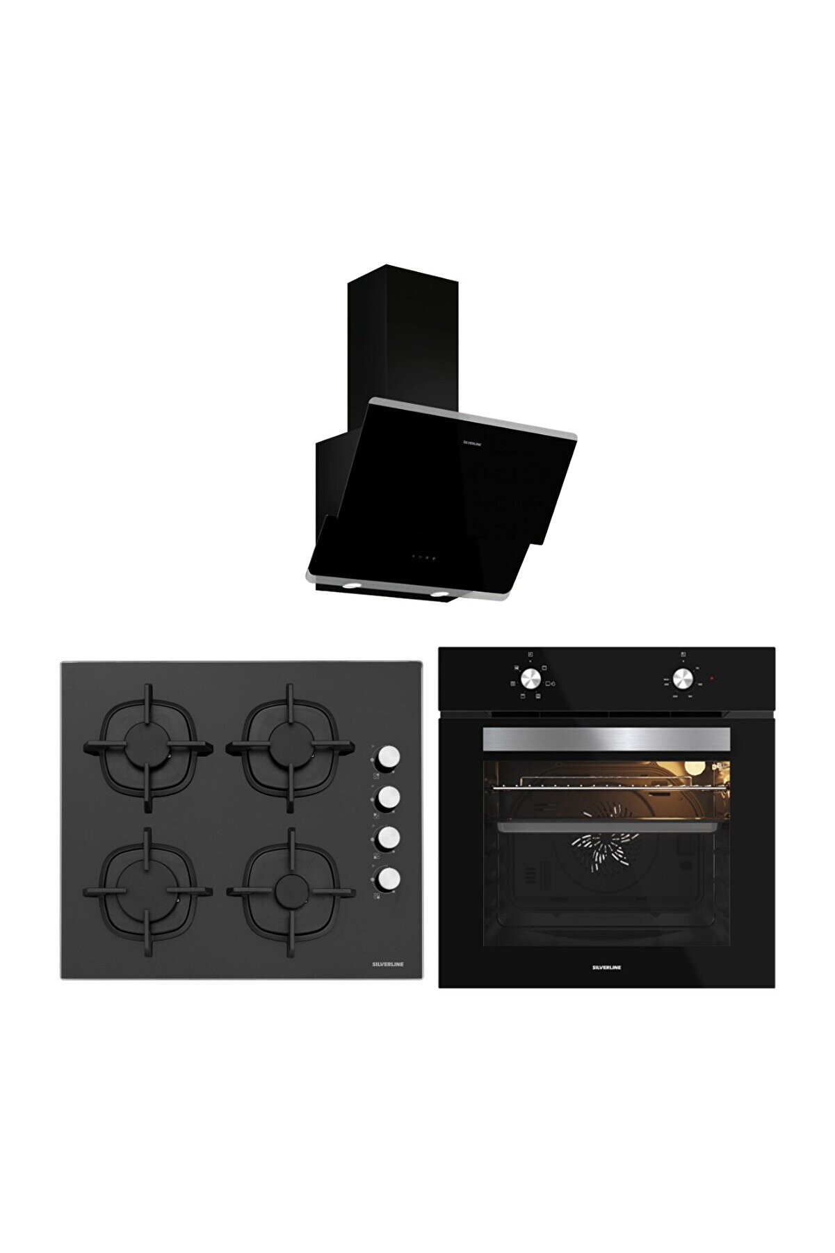Siyah Cam Ankastre Set (3490 Oslo Davlumbaz - CS5343B01 Ocak - BO65E1B01 Fırın)