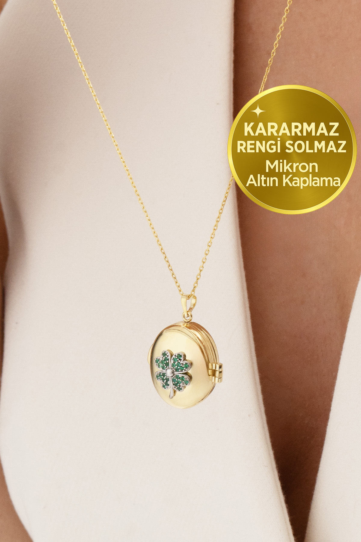 Jingle Bells 925 Ayar Gümüş Fotoğraflık Şans Yoncası Madalyon Kolye Altın Kaplama