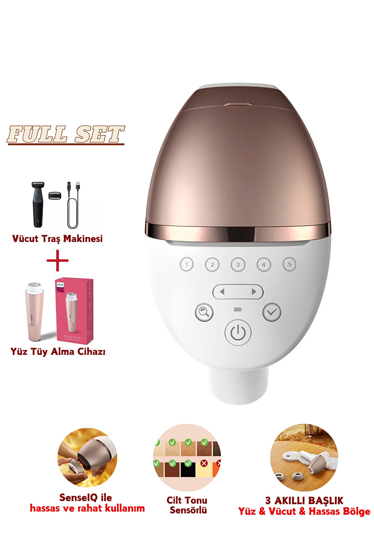 Lumea Lazer Epilasyon IPL Tüy Alma Cihazı, 450.000 Atış Uzun Ömürlü Kullanım, 3 Başlıklı FULL SET