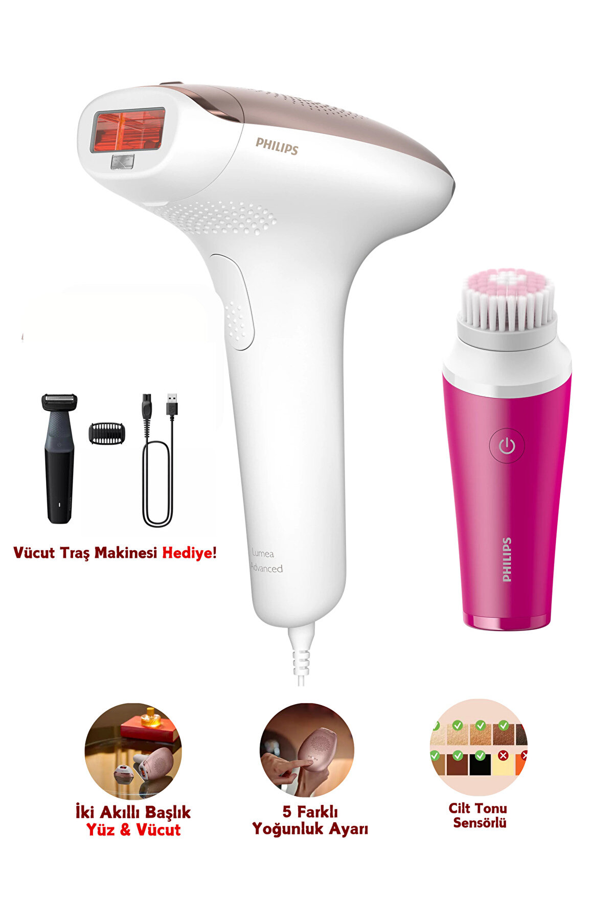 IPL Lazer Epilasyon Cihazı,Yüz/Vücut/Hassas Bölge Kullanımı, Cilt Tonu Sensörü ile Güvenli Epilasyon