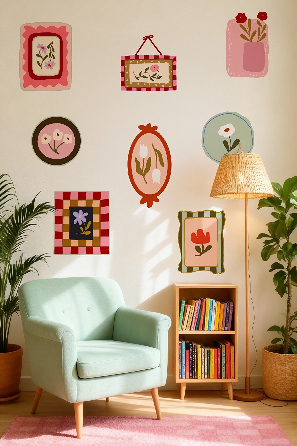 MSticker Soft Renkler Pastoral Çerçeve Duvar Sticker Seti – 10 Parça Pastel Bahar Temalı Dekoratif Stickerlar