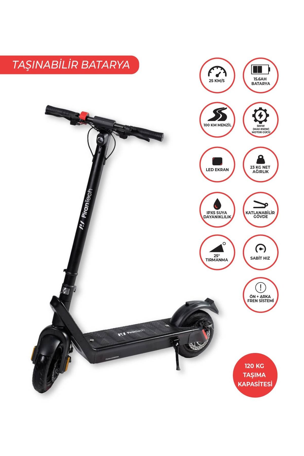 PiranTech X9 Elektrikli Scooter - 850W Çıkartılabilir Bataryalı