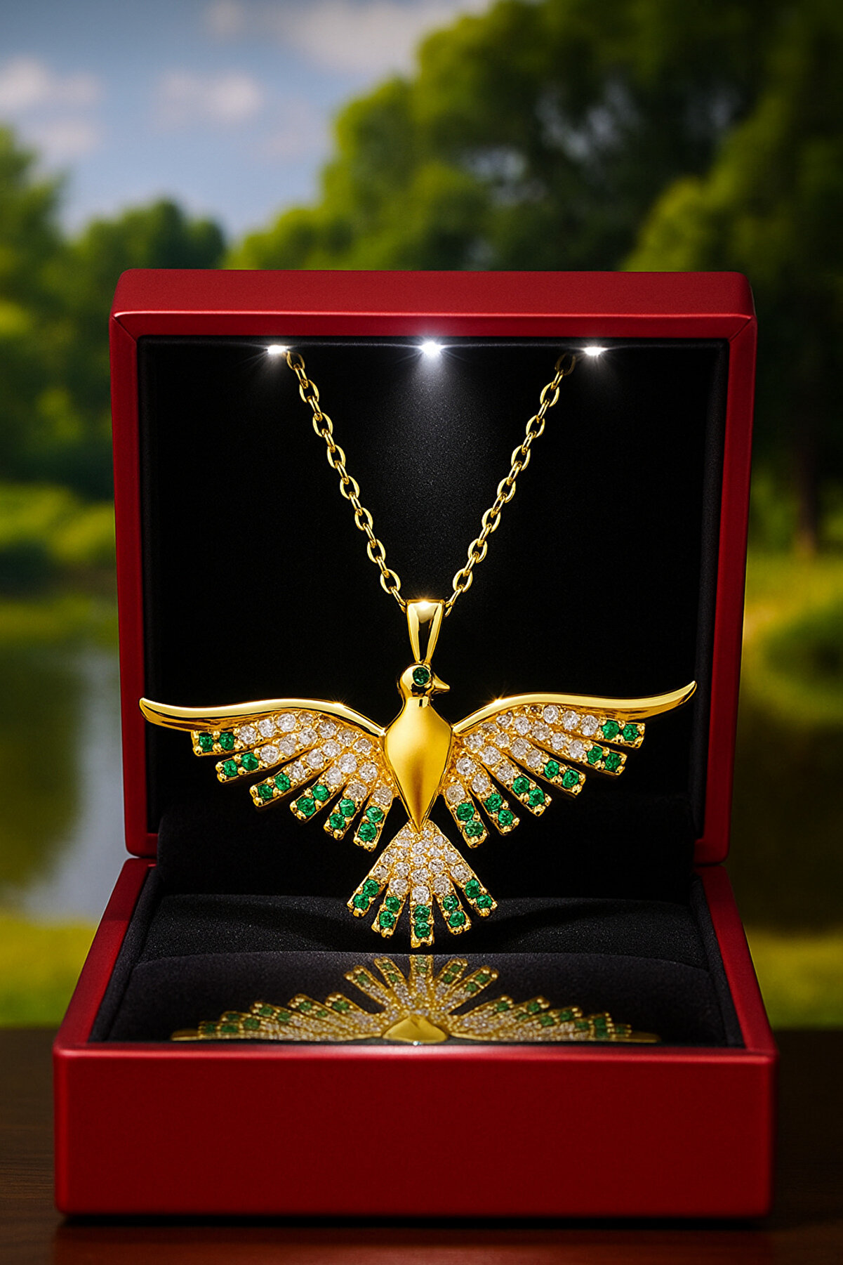 Kar Di̇amond 14 Ayar Altın Zincirli Yeşil Taşlı Anka Kuşu Kolye – Sertifikalı, Işıklı Hediye Kutusunda