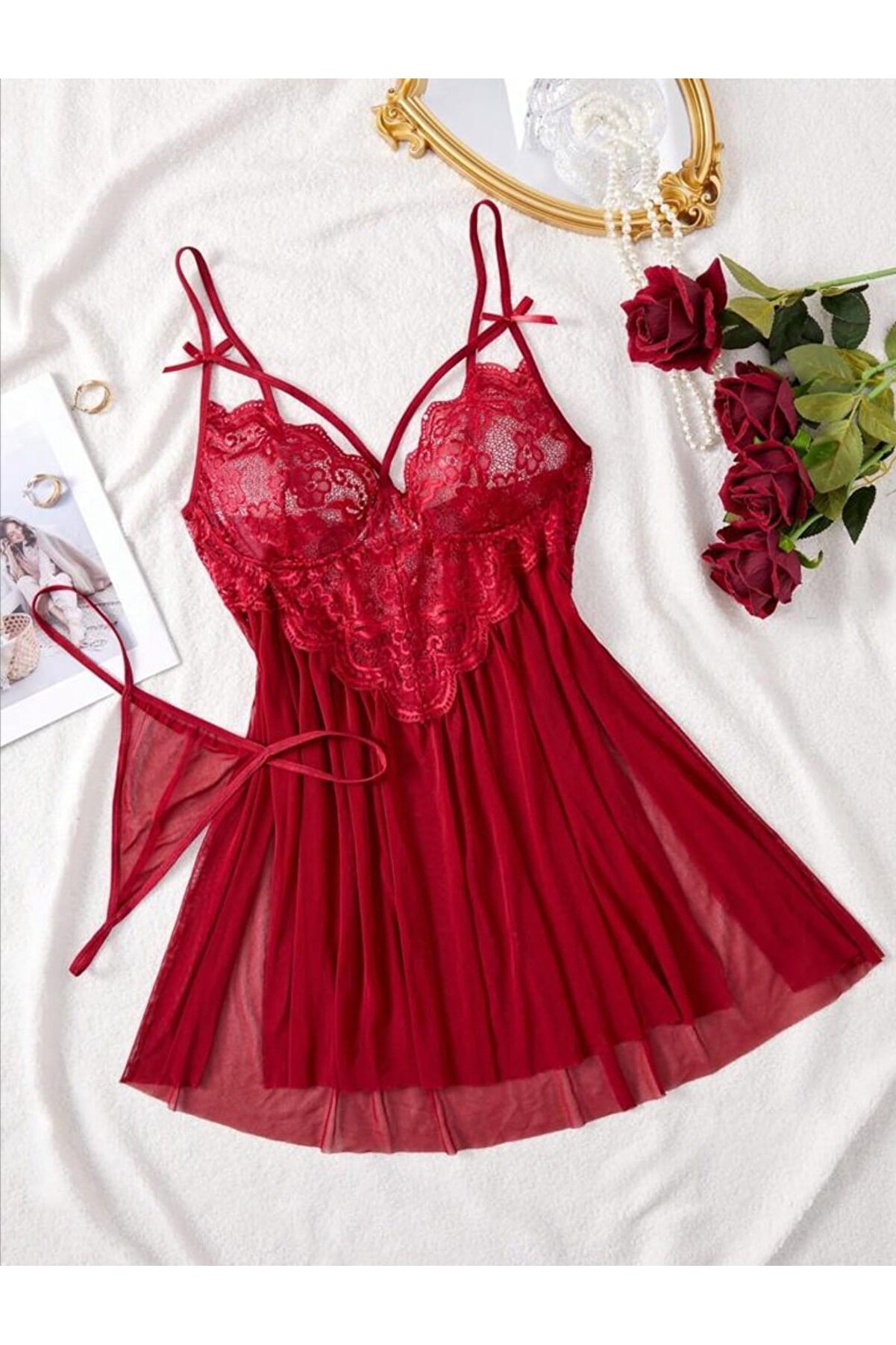 WINDY LAND Kadın Bordo Dantel Detaylı Ful Nikralı Tül Gecelik