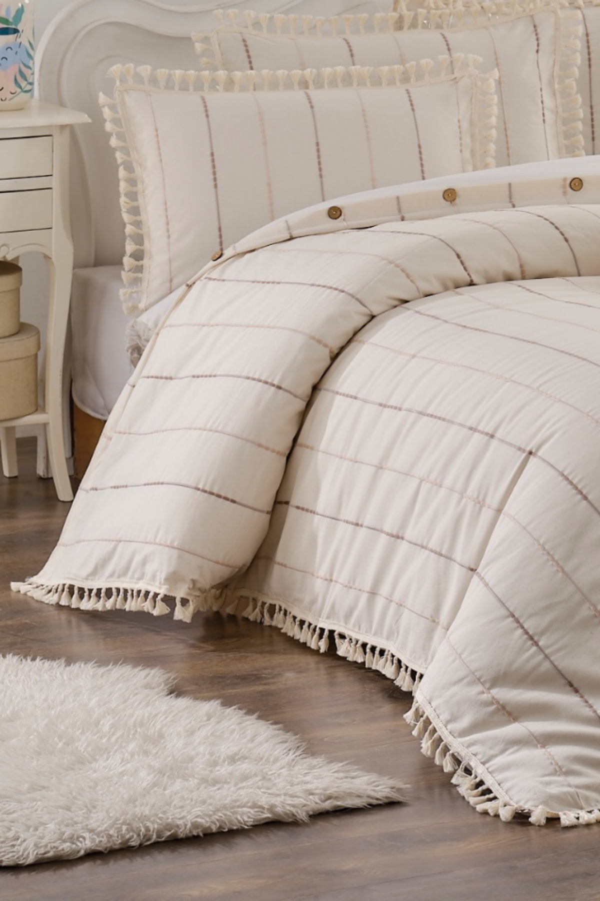 XVA Yadens Pamuklu Düğmeli Püsküllü Çift Kişilik Nevresim Seti | Premium Kalite