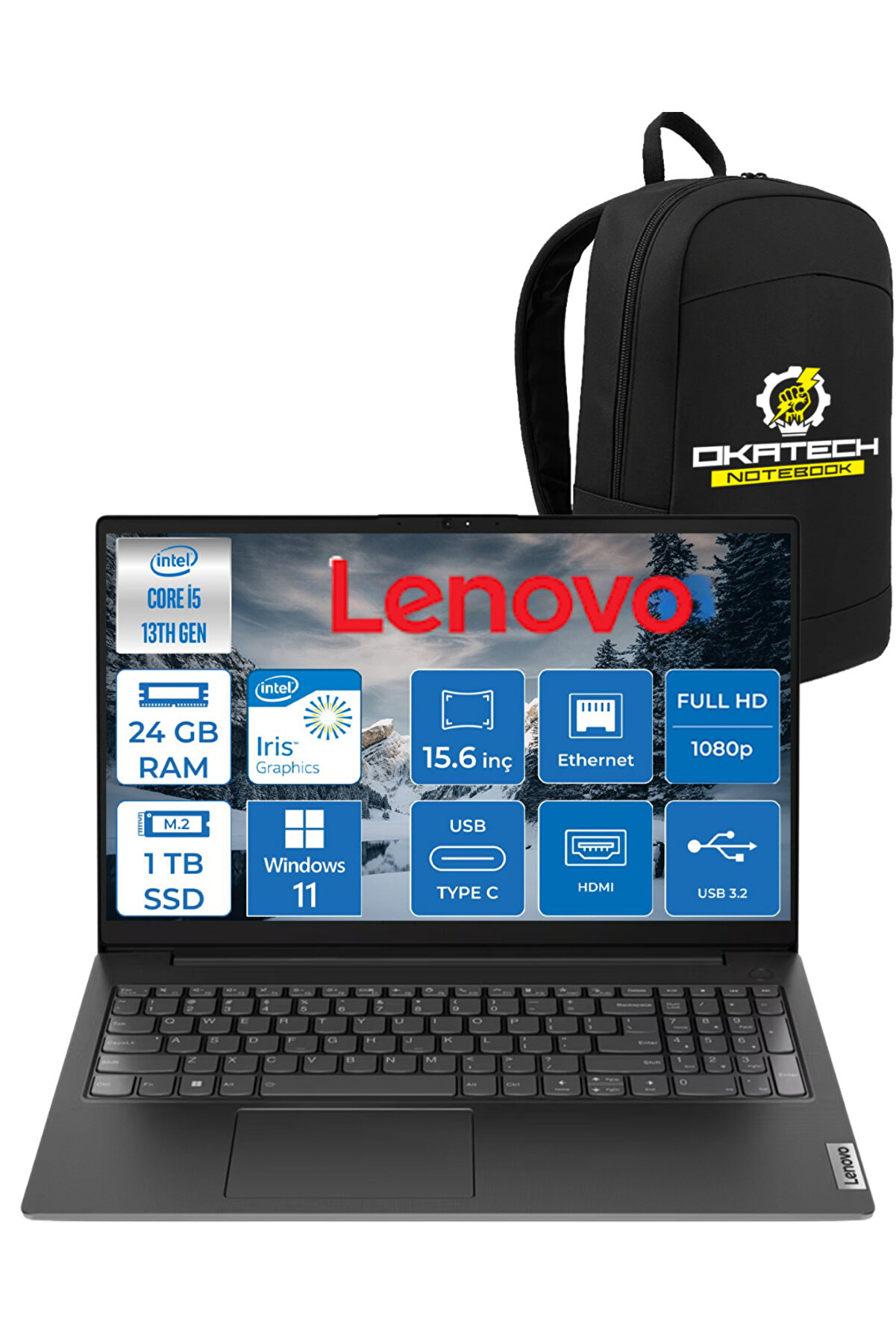 V15 G4 İNTEL i5 -13420H 24 GB RAM 1 TB NVM SSD 15.6  FHD WİN11PRO NOTEBOOK 55 OKATECH ÇANTA