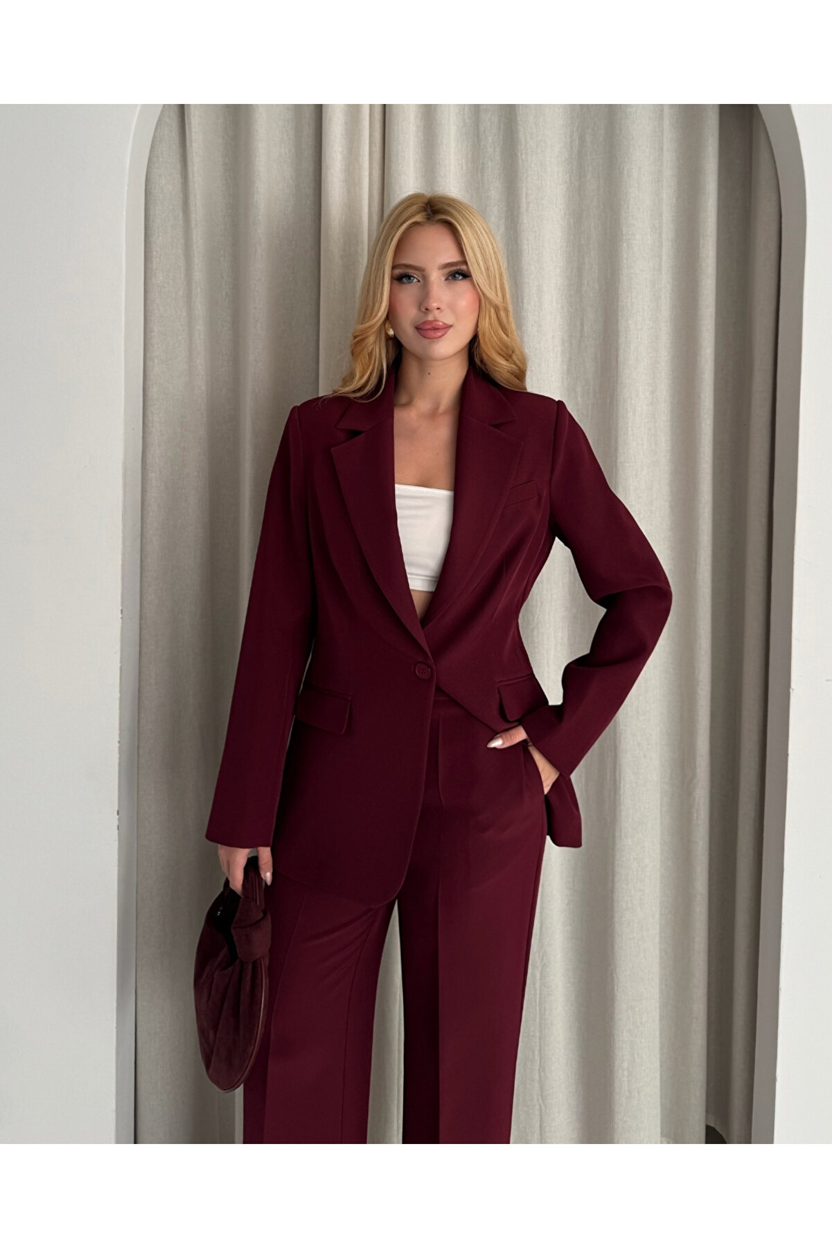 deqfashion Kadın Bordo Blazer Ceket Pantolon Takım | Ofis & Şık Takım Elbise