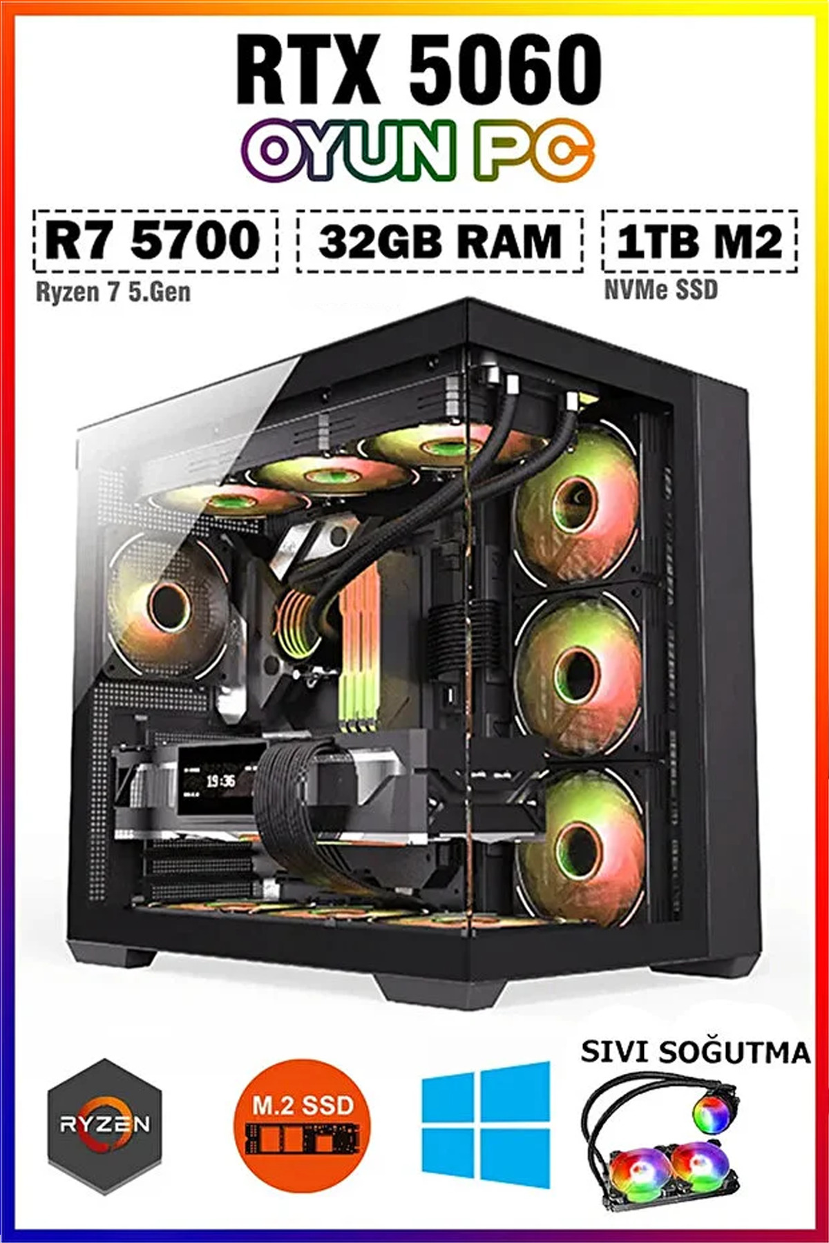 N299 Windows 11 / Ryzen 7 5700 32GB RAM 1TB M.2 RTX5060 Sıvı Soğutmalı Oyuncu Masaüstü Bilgisayar