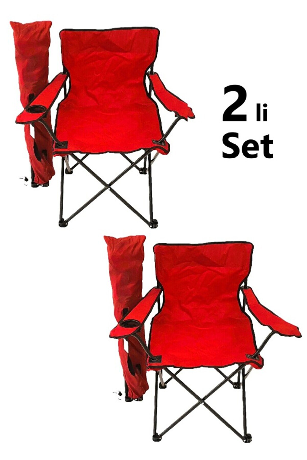EksikSepeti 2 Adet Katlanır Kamp Sandalyesi Taşıma Çantalı Bardaklıklı Kırmızı