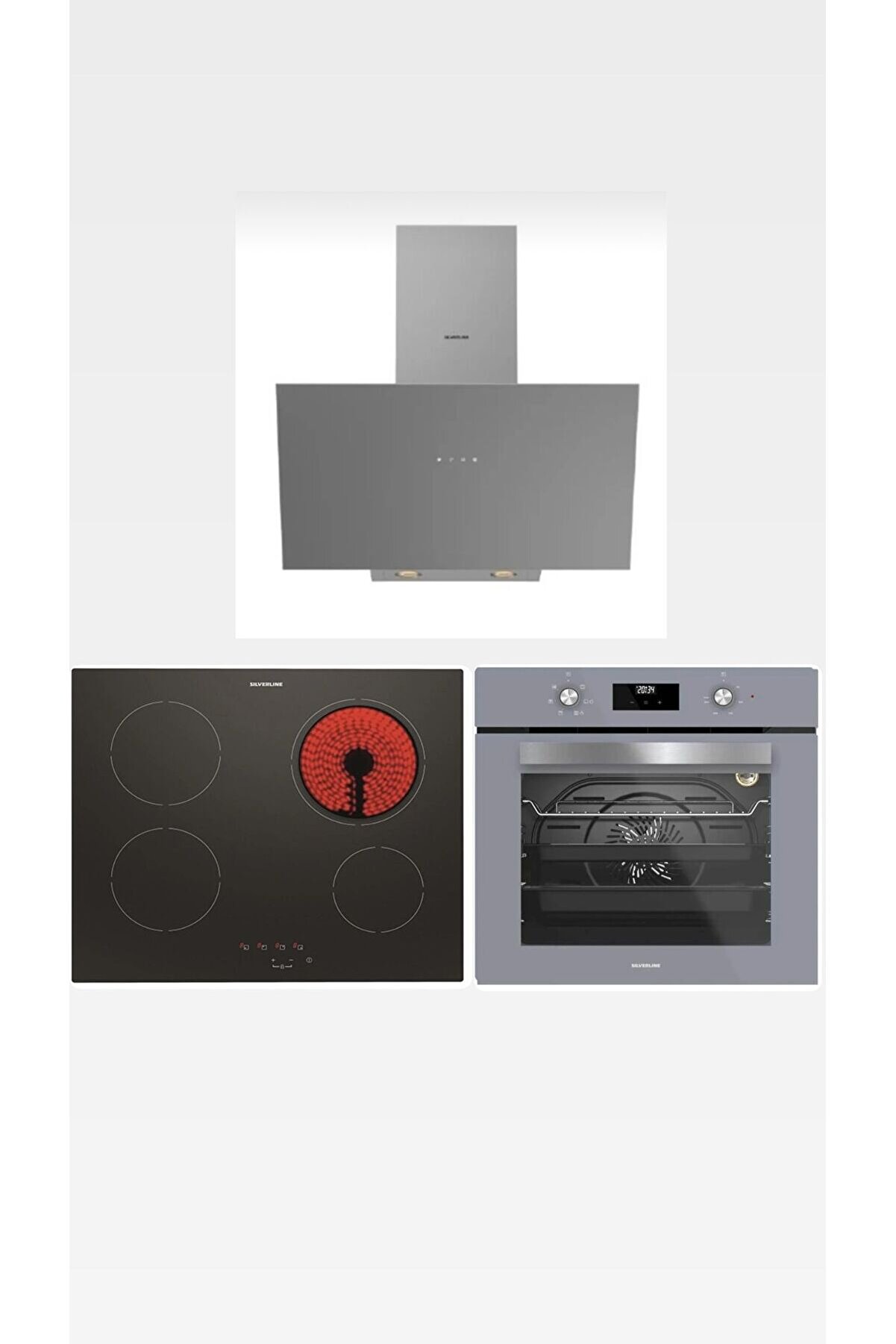 Elektrikli Ocaklı Gri Set (3481 Gri Davlumbaz-VC8210B01 Siyah Elektrikli Ocak-BO6501S02 Gri Fırın)