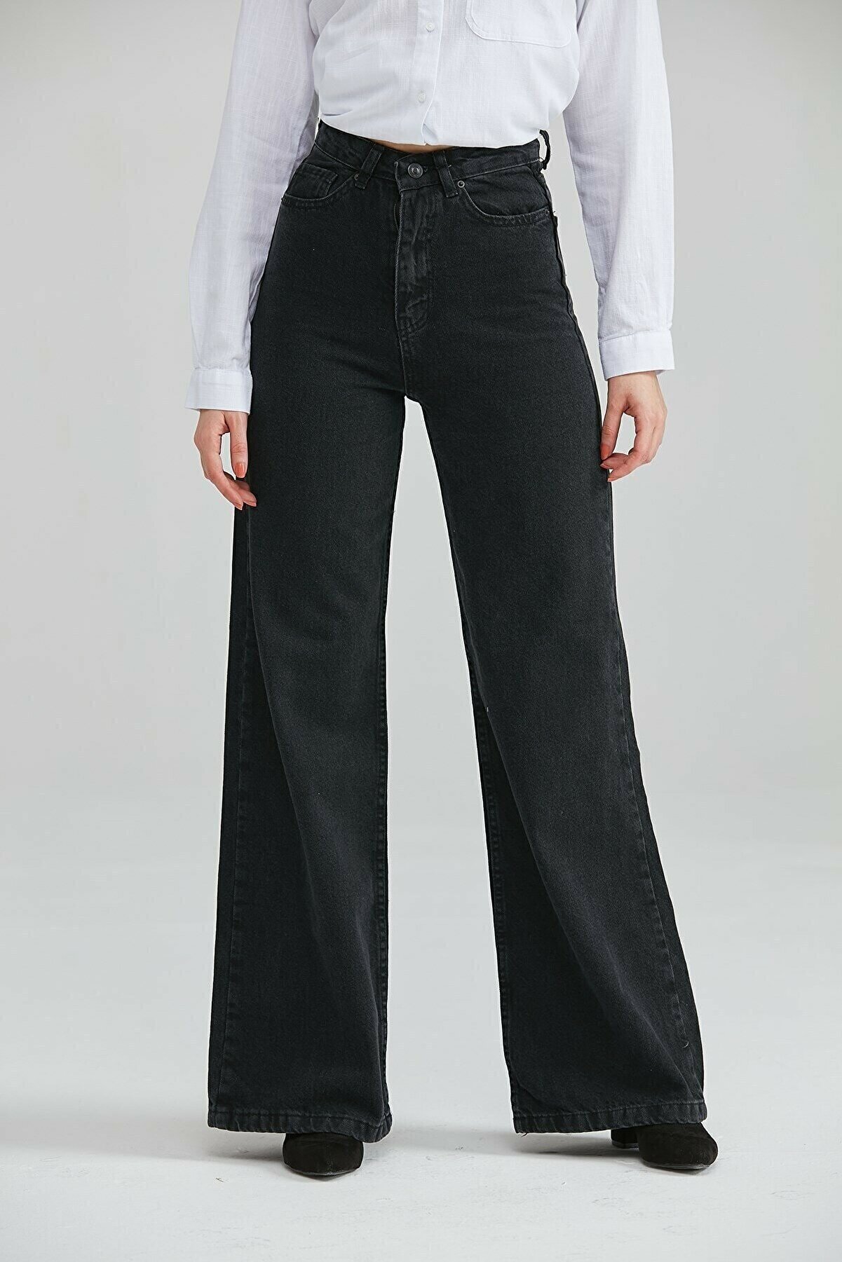 byhaziran butik Love Solmayan Siyah Likralı Salaş Jean Süper Yüksek Bel Bol Paça Kot Pantolon