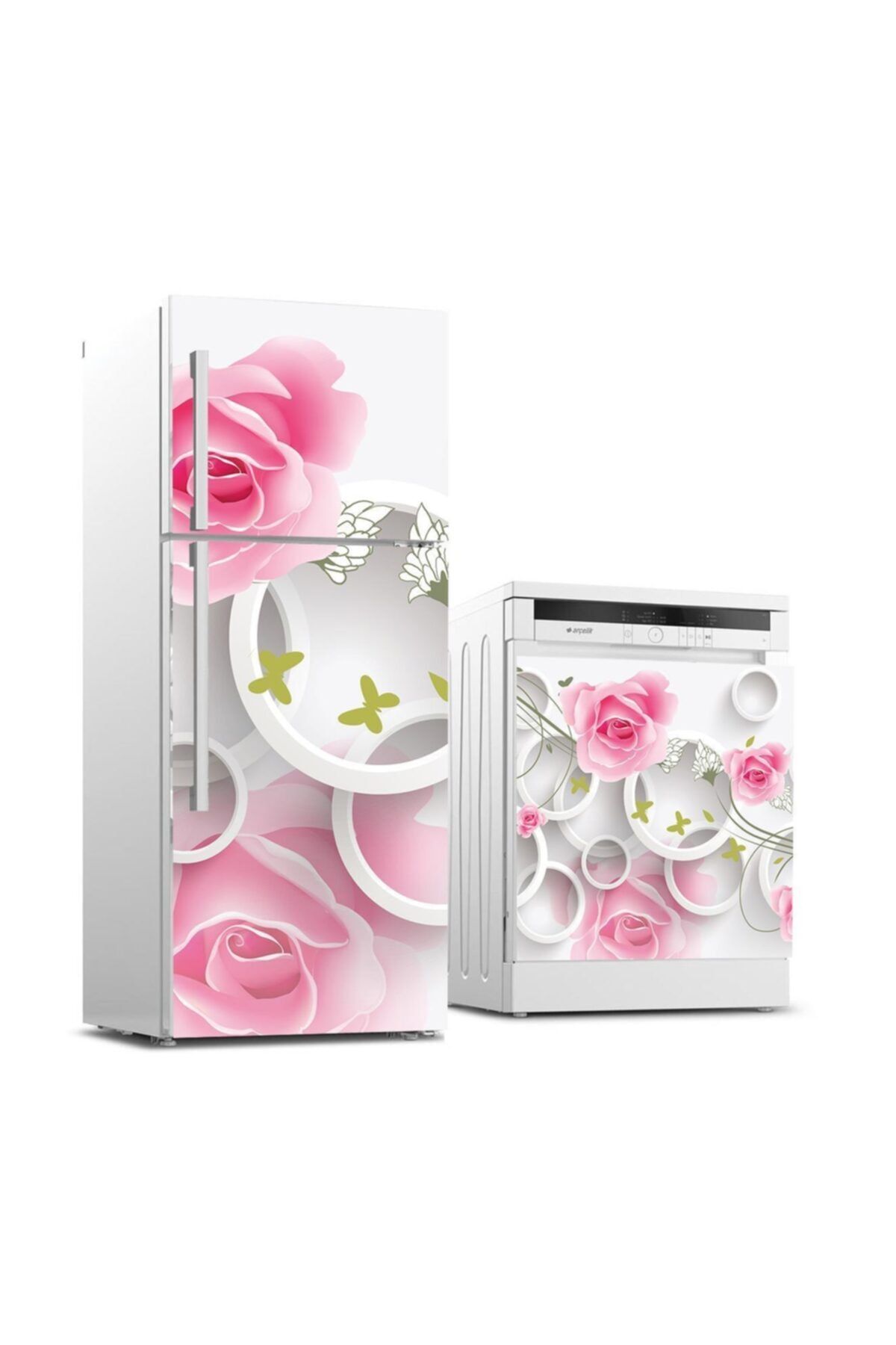 StickerArt Buzdolabı Ve Bulaşık Makinası Beyaz Eşya Sticker Kaplama 3d Beyaz Halka Gül