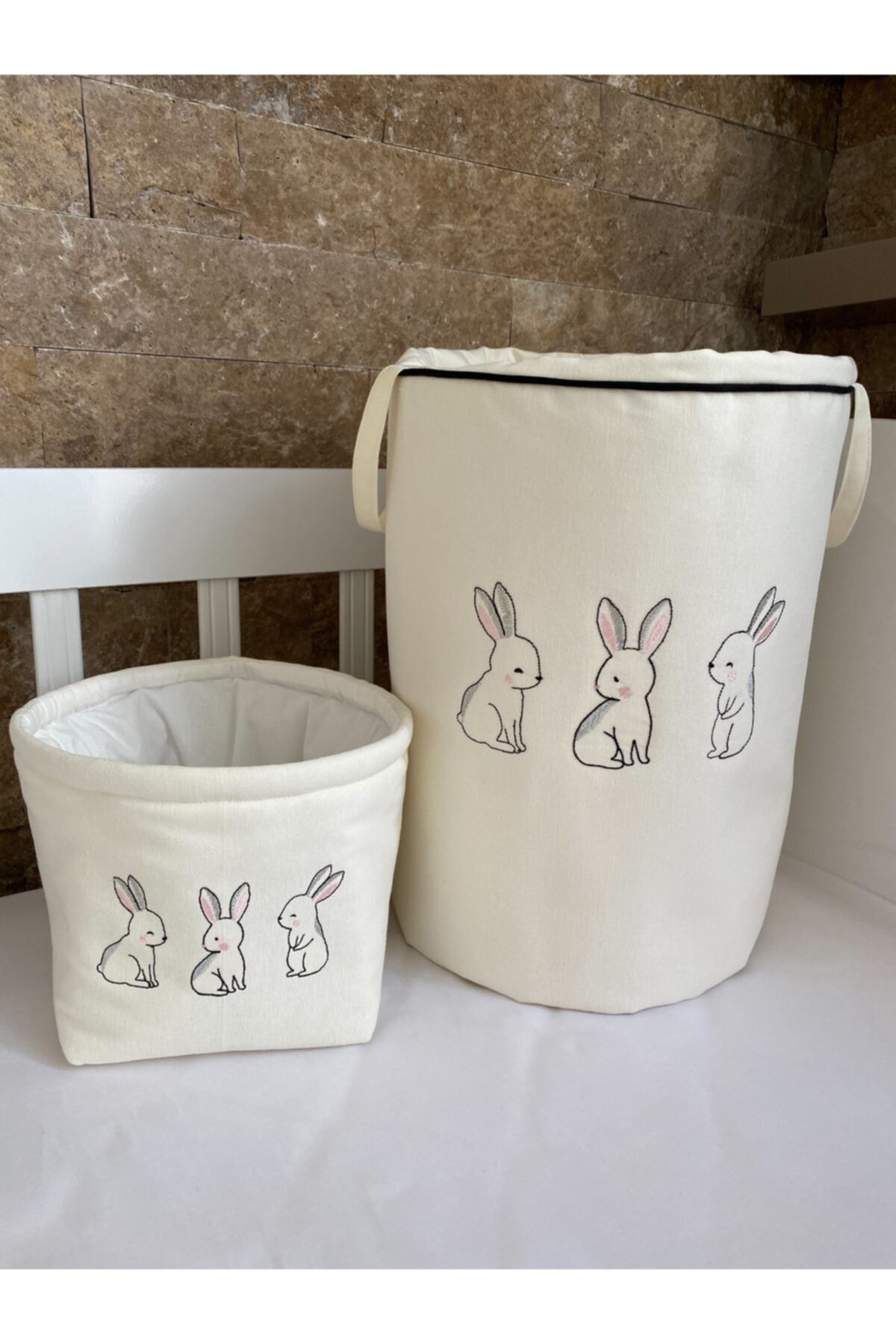 HS Home Baby Tavşan Nakışlı Bez Oyuncak & Kirli Sepet Seti