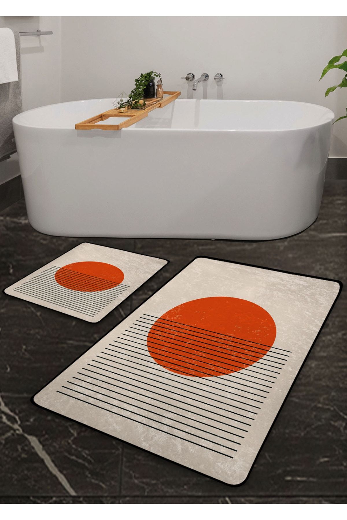 Pilloveland Kaymaz Taban Yıkanabilir 2’li Banyo Paspası - Turuncu Tablo Desenli 60*100 Cm - 50*60 Cm