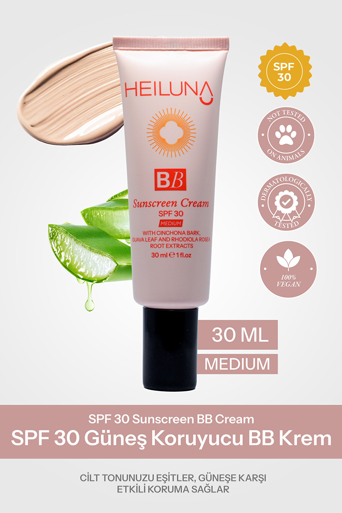 Heiluna SPF 30 BB Krem 30 ml Orta Ton - Niacinamid ve Aloe Vera ile Aydınlatma ve Güneş Koruma