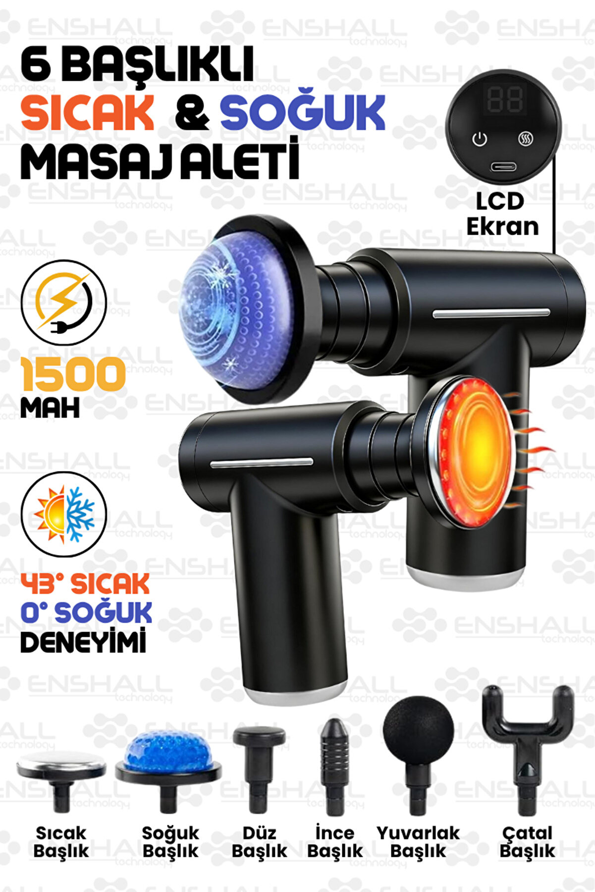 Enshall Lcd Ekranlı 6 Başlıklı Isıtmalı Mini Profesyonel Masaj Tabancası