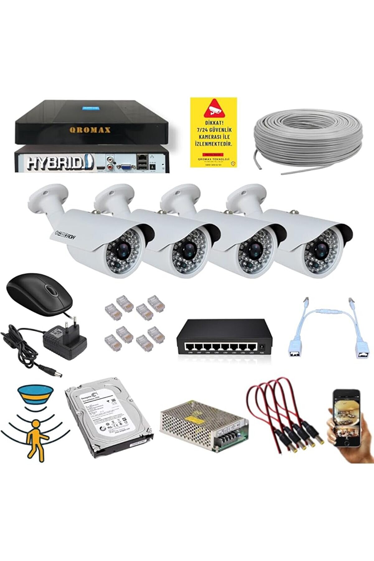 4 Kameralı Set - 5 Mp 1940p Sensör 6 Megapiksel Sony Lens Metal Kasa Ip Güvenlik Kamerası Seti