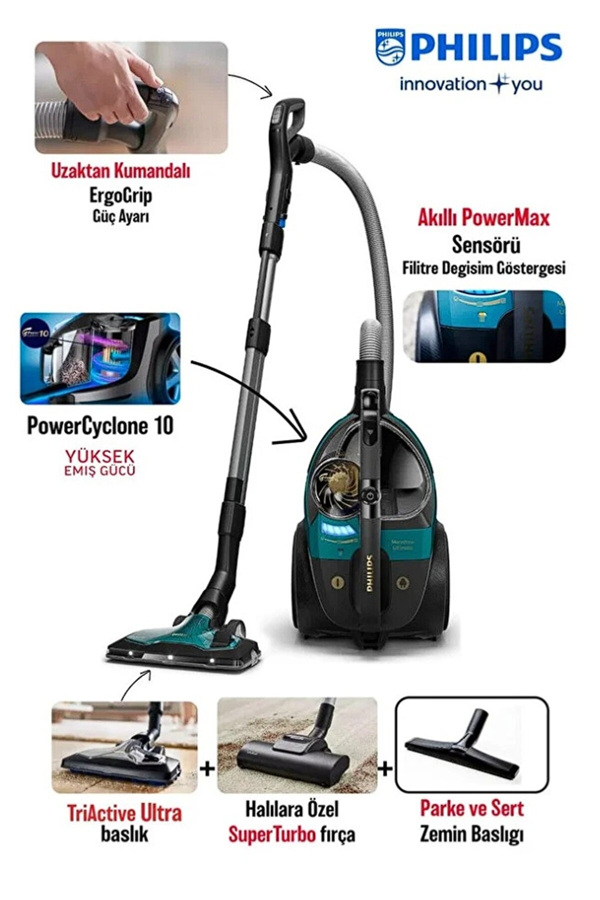 Premium 899w, 2.2lt, Led Aydınlatma, Marathon Ultimate Series, Toz Torbasız Süpürge, Yeşil