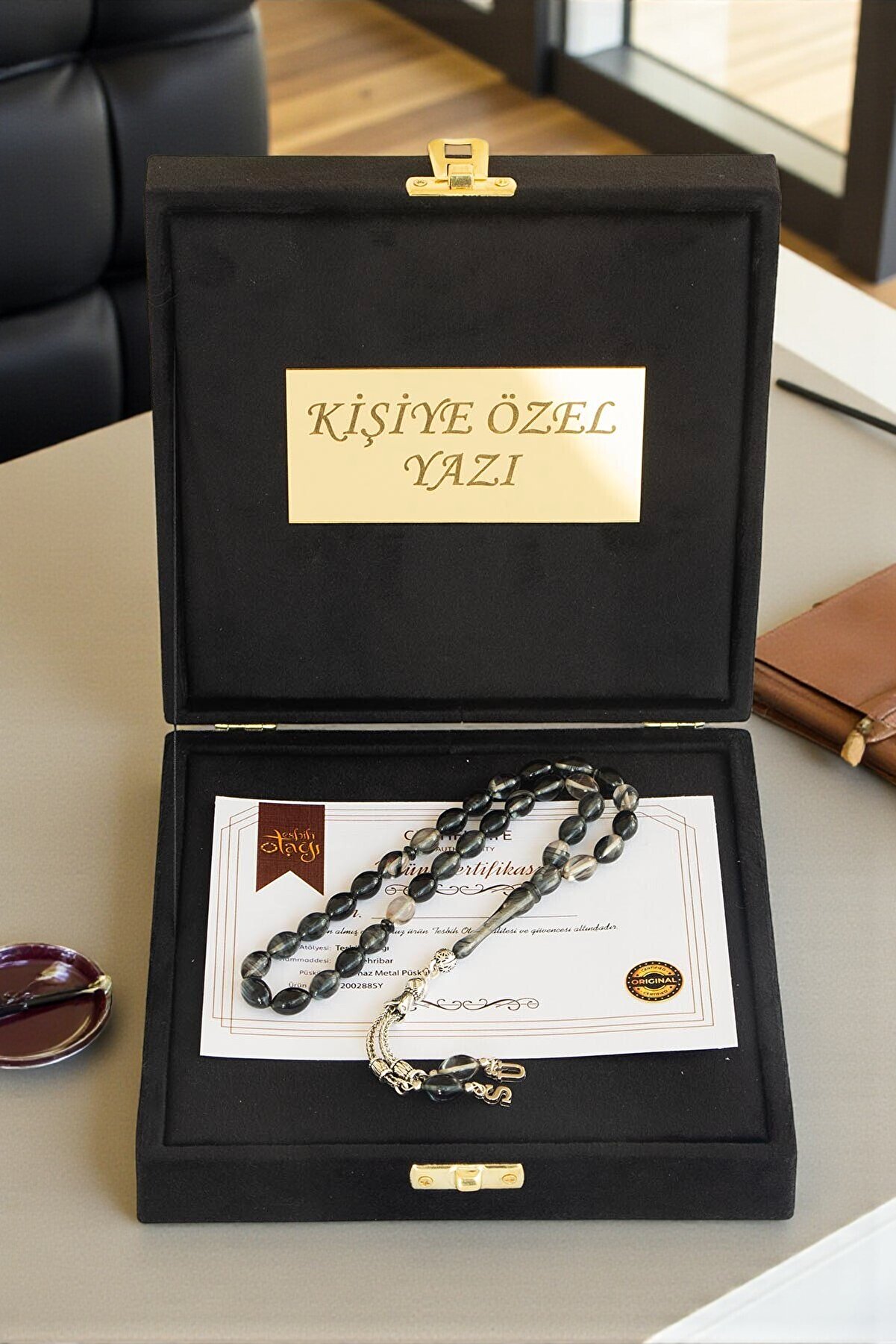 Tesbih Otağı Kişiye Özel Harfli Ateş Kehribar Tesbih - Premium Kutulu Hediye Seti