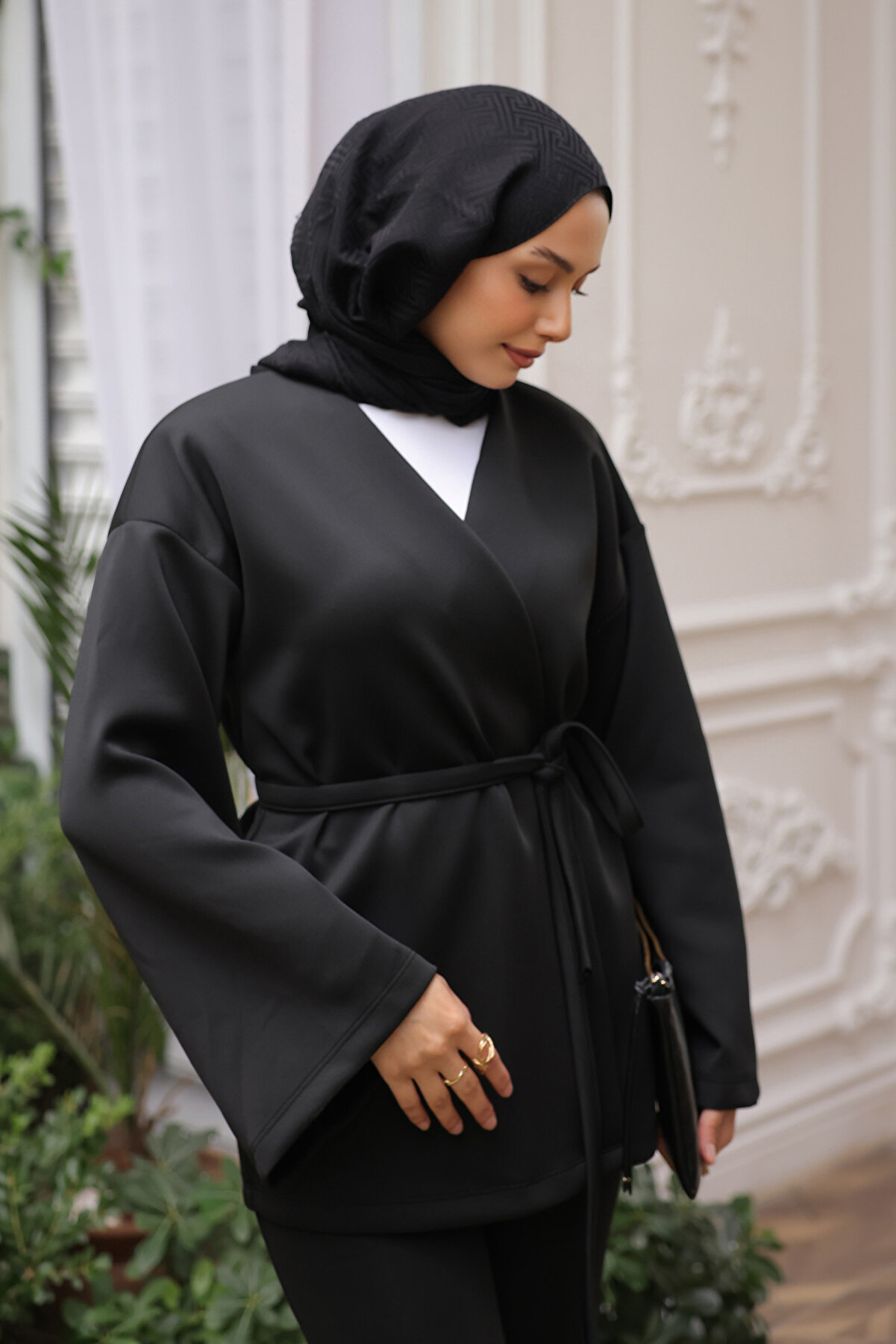 İmajButik Siyah Kuşaklı Scuba Kimono Ceket - Şık ve Konforlu Kimono Seti