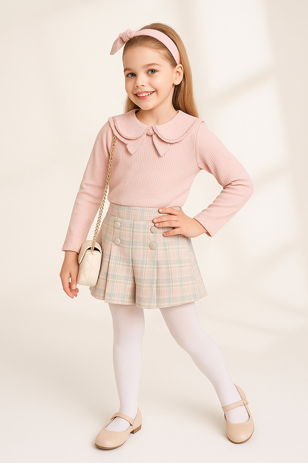 AHENGİM Kız Çocuk Fırfır Yakalı Bluz & Ekose Şort Etek 2 li Set Takım Ak4155