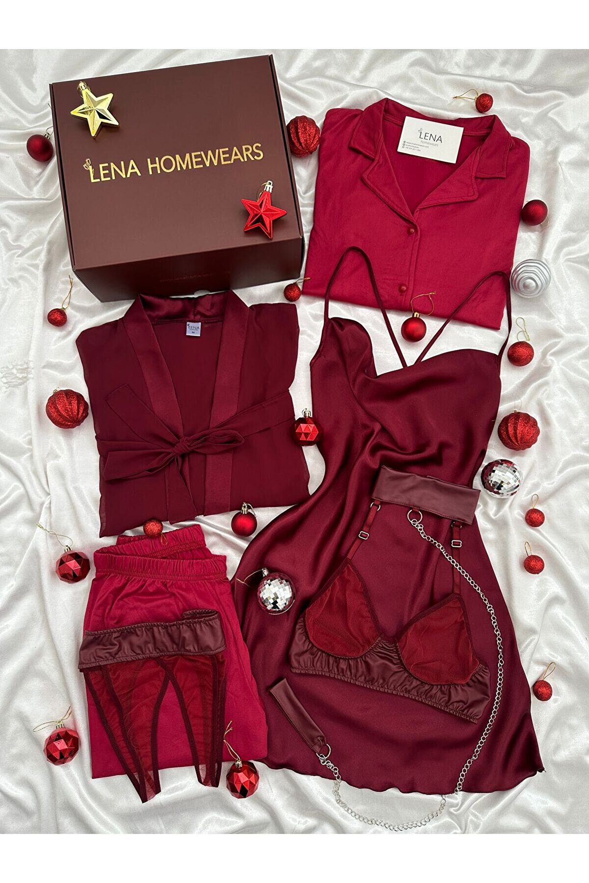 Lena Homewears Kadın Bordo Saten Gecelik 5’li Yılbaşı Seti