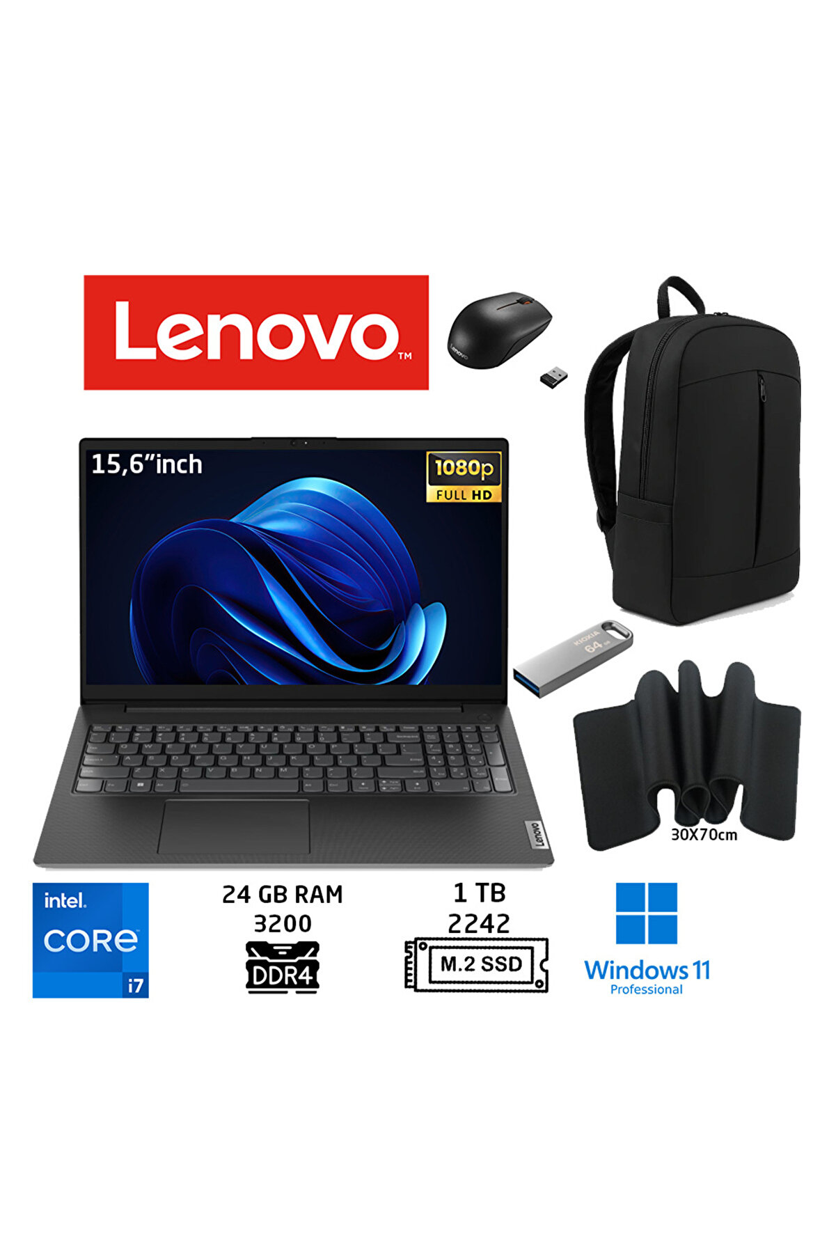V15 iCorei7 1355U 24GB 1TB SSD W11PRO 15.6''FHD 83A100HXTR Çanta10Mouse10MousePad10Usbbellek