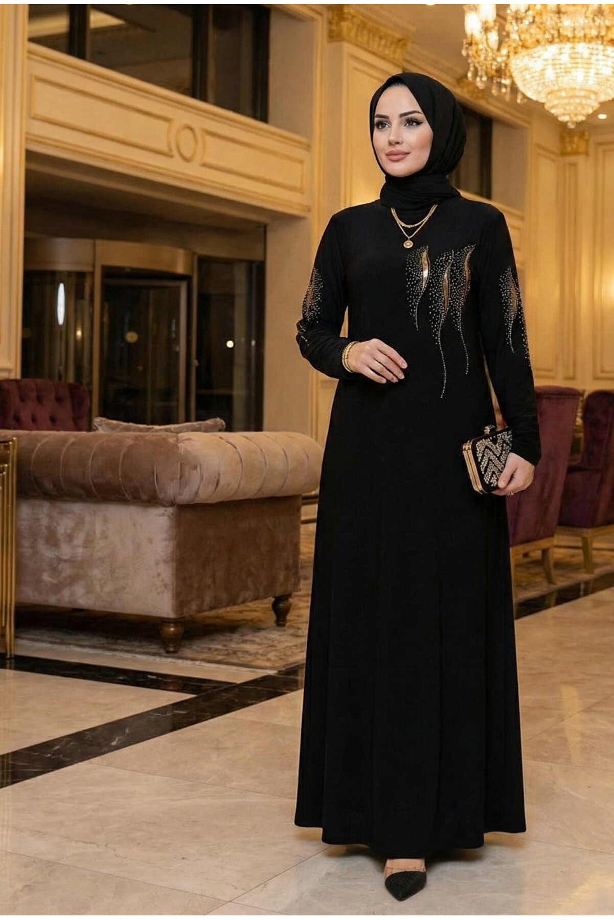 modamira Kadın Pamuk Viskon Siyah Boydan Abiye Büyük Beden Kol Ve Önü Taş Detaylı Tesettür Elbise